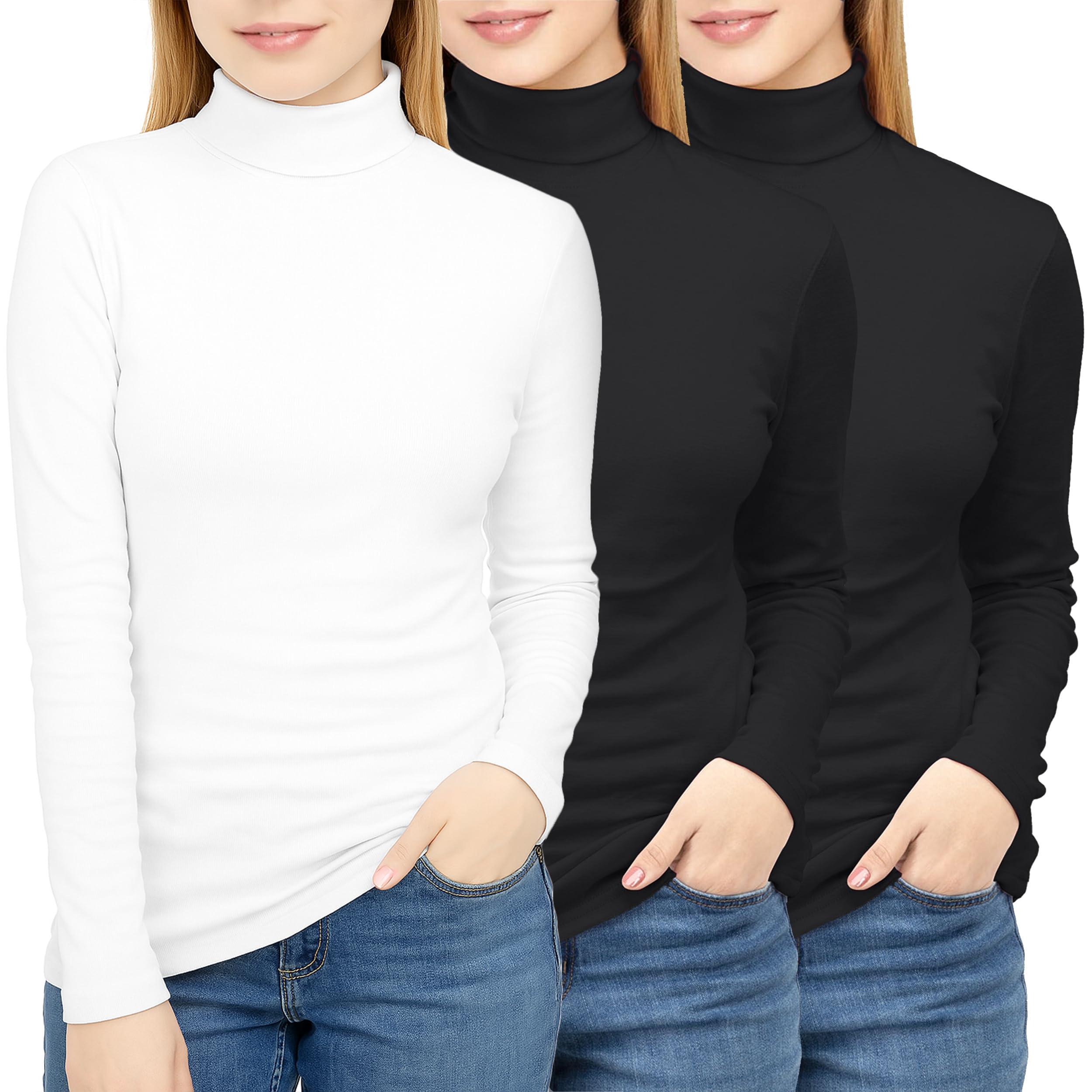 NY Threads 3 Pack Womens Turtleneck Long Sleeve Tops Slim Fit Thermal Underwear Shirts Turtle Neck for Women, Medium, Black/Black/White