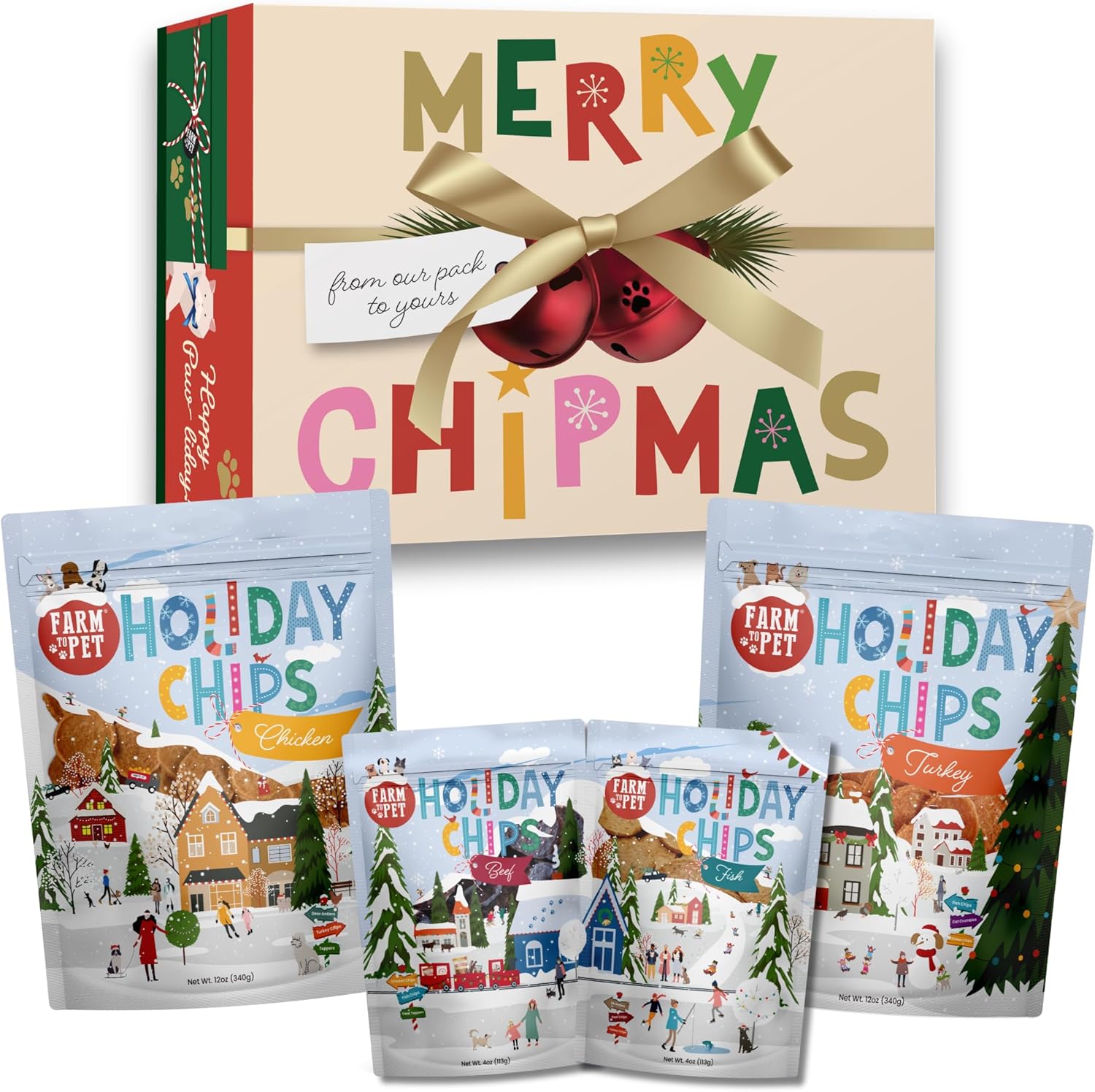 Farm To Pet - Santa Paws' Best Chipmas Dog Treat Box - Chicken, Turkey, Beef, Fish Chips - Christmas Set, Lean, All Natural, Healthy Dog Treats for Small, Medium, Large Breeds & Puppies