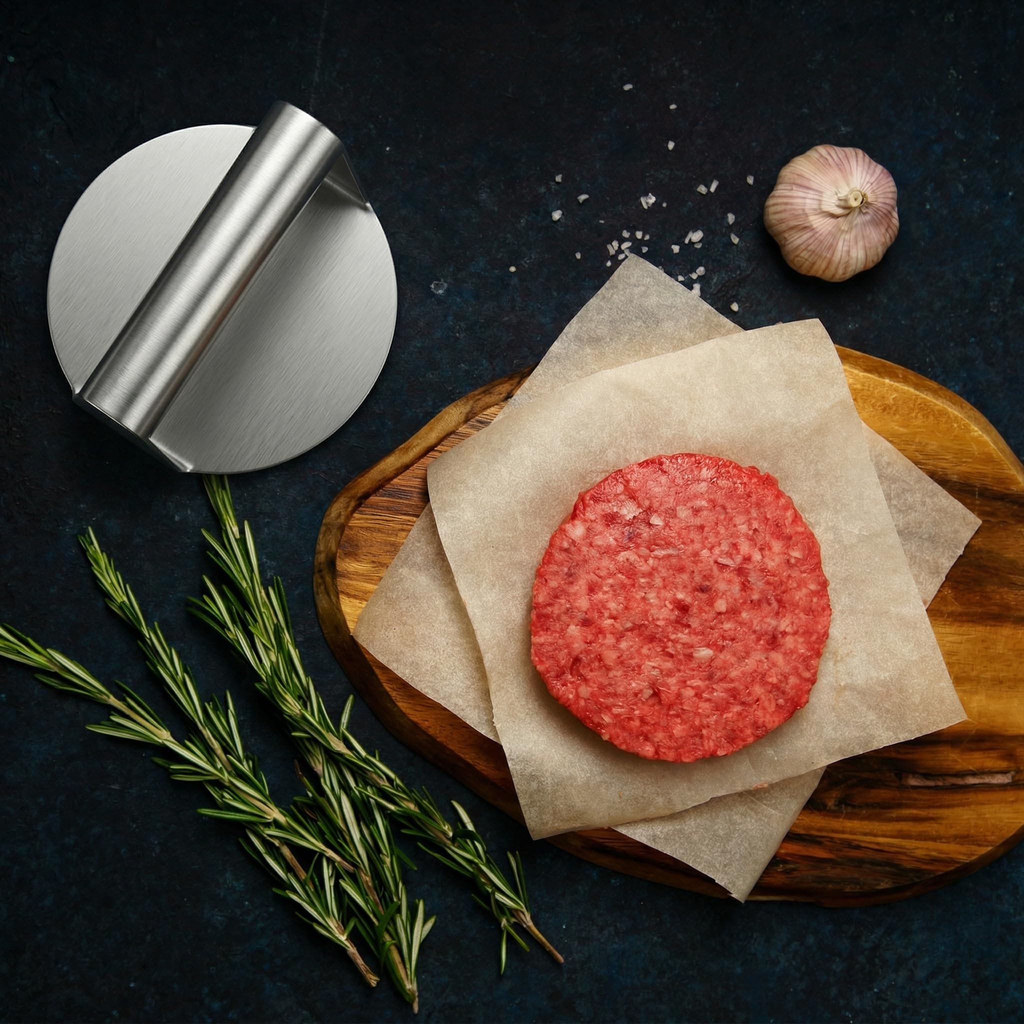 Arendo - Burger Set XXL - 1 x Grillspachtel - 1 x Pfannenwender - 1 x Burgerpresse - 2 x Schmelzkuppeln – Edelstahl – hitzebeständig geschmacksneutral lebensmittelecht - Burger und Smash Burger