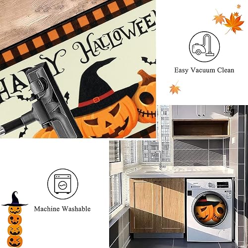 Miniatura 4 de Pauwer Alfombra de pasillo de decoración de Halloween de 2 x 6 pulgadas, decoración de otoño, calabaza, antideslizante, alfombra de cocina lavable