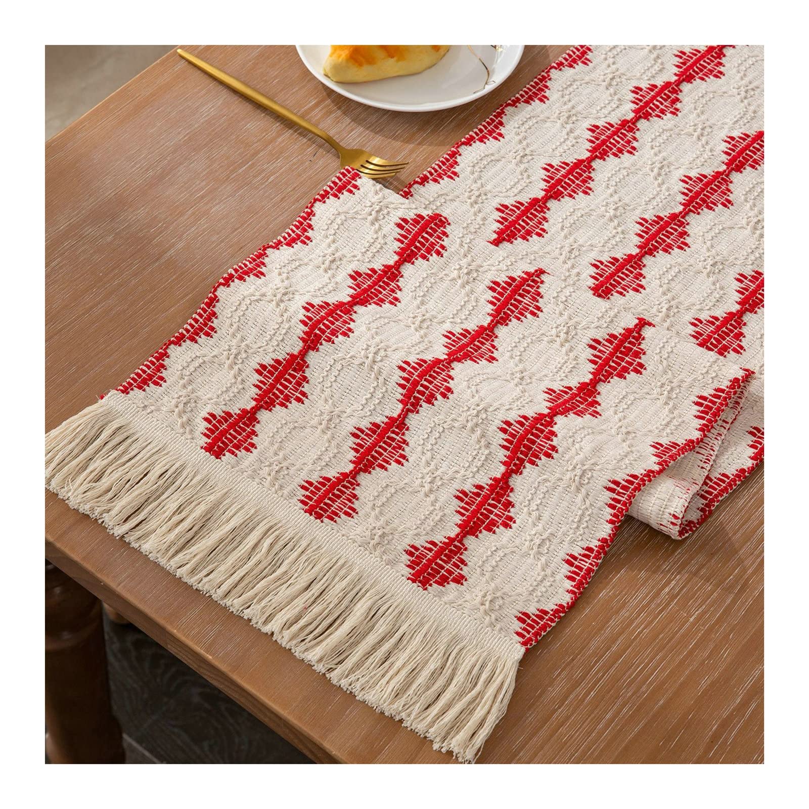 Gualiy Tischläufer Wohnzimmertisch, Leinen Tischläufer Waschbar 33x280cm Geflochten Flickwerk mit Quaste Tischläufer für Couchtisch, Rot