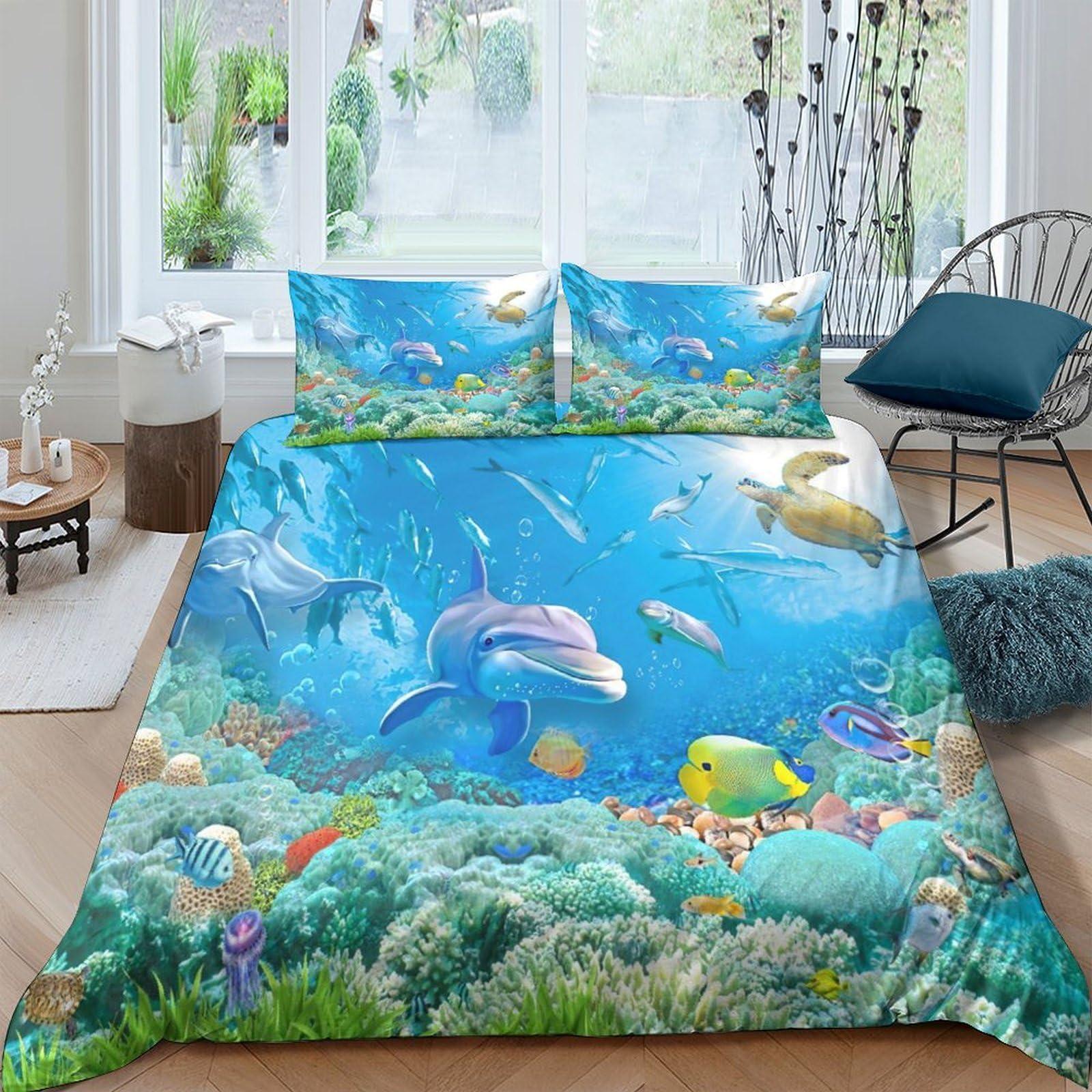 Ctjqhvkz Style-1 3D Printed Ocean Dolphin Fitted Sheet Microfiber Soft Blue Coral Reef Bed Cover For Bedroom Guest Room Decor Single（135X200cm）