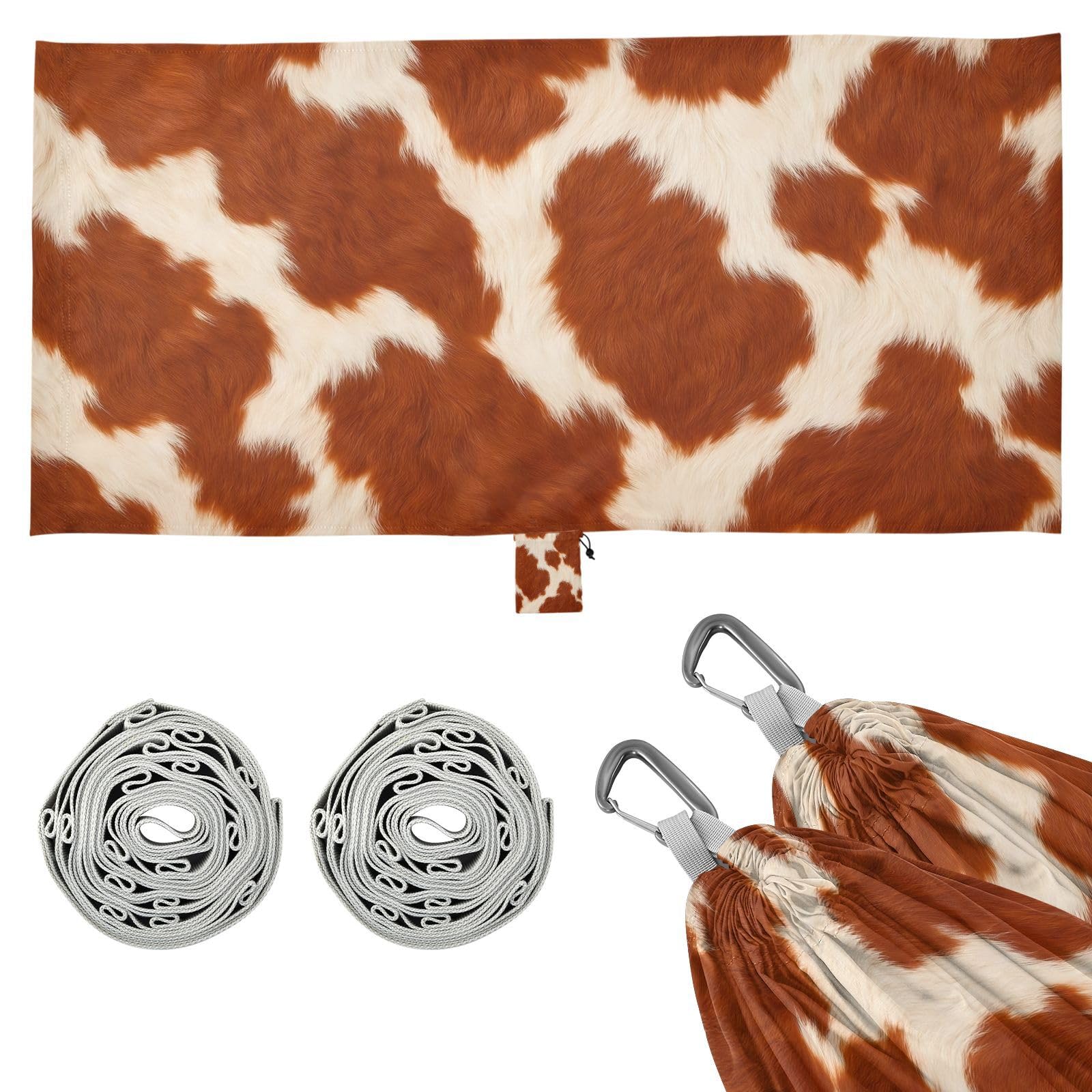 ATTX Brown and White Cow Camping Hammock - Lightweight & Portable Hammocks, Heavy Duty 330lbs Capacity for Indoor, Hiking, Backpacking, Travel, Backyard, Beach#154