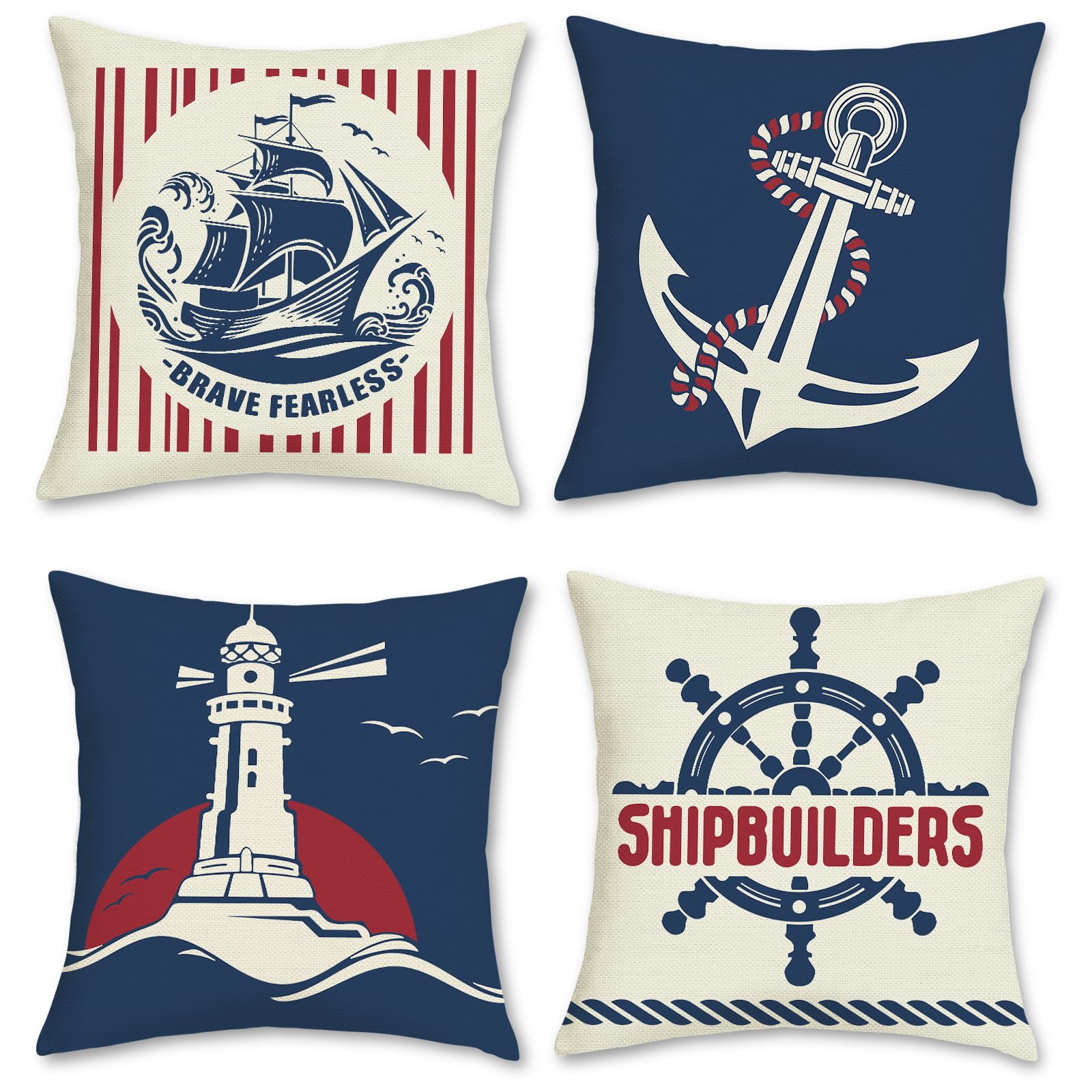 COZZSNUGE Summer Nautical Throw Pillow Covers Boat Anchor Helm Lighthouse Red Navy Blue Decorative Pillowcases for Sofa Bed