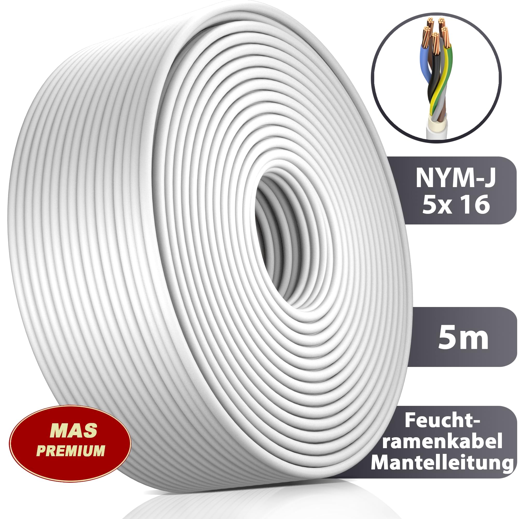MAS Premium Kabel zasilający do wilgotnych pomieszczeń, kabel zasilający 5-170 m, przewód płaszczowy NYM-J 5 x 1,5, 2,5, 4, 6, 10 lub 16 kabel elektryczny pierścień do stałego układania (NYM-J 5 x 16