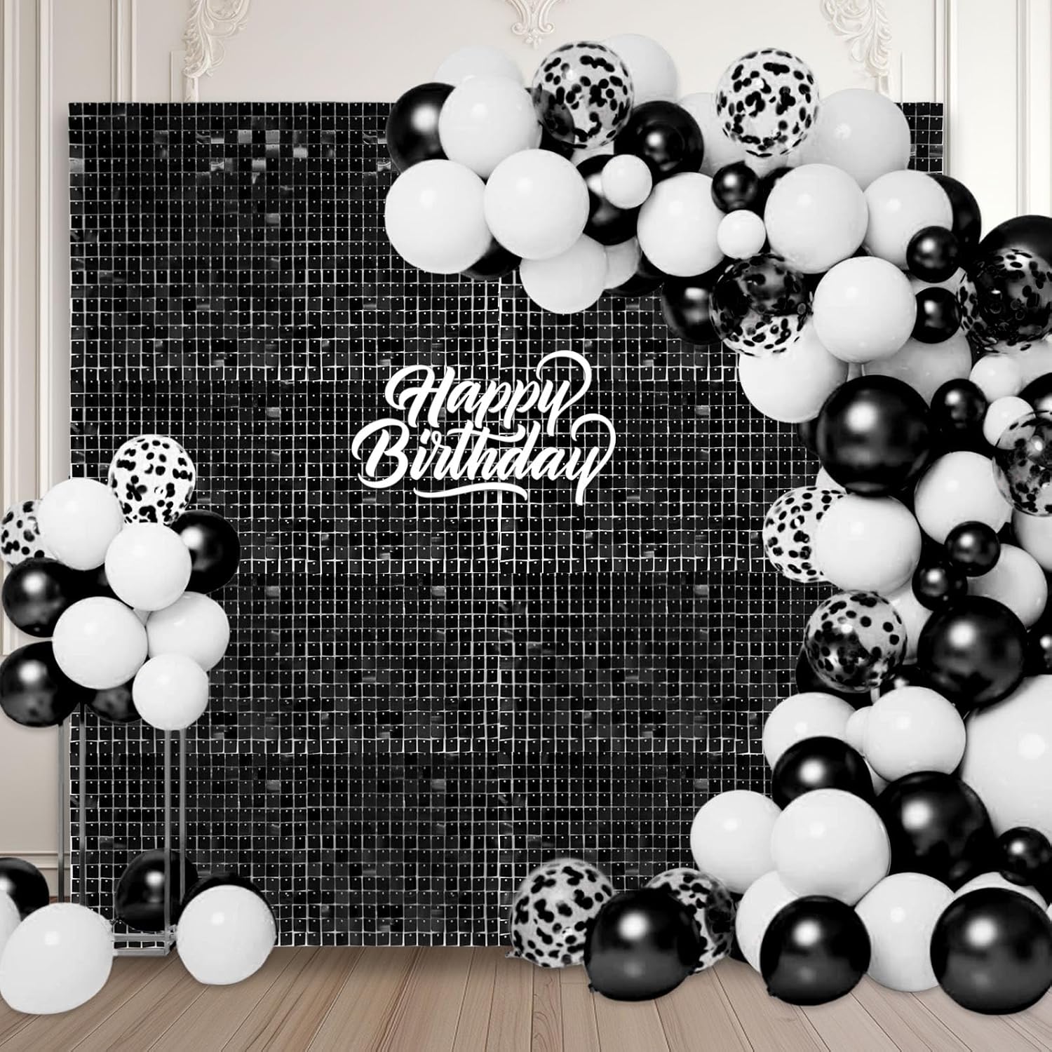 36 PCS Black Shimmer Wall Backdrop, Square Sequin Photo Backdrops Panel, Glitter Wall Background for Birthdays, Weddings, Halloween, Engagements, Disco Bachelorette Party Decoration (6FTx6FT)