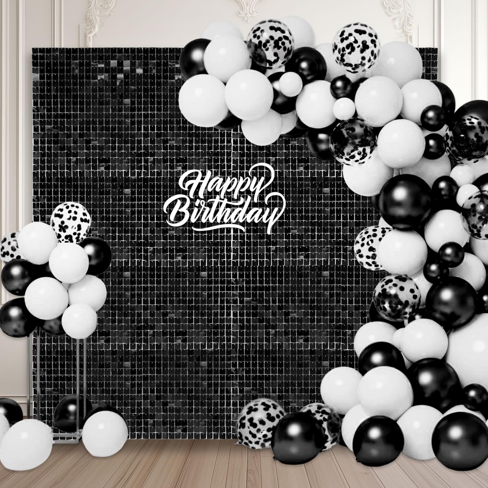 12PCS Black Shimmer Wall Backdrop, Square Sequin Photo Backdrops Panel, Glitter Wall Background for Birthdays, Weddings, Halloween, Engagements, Disco