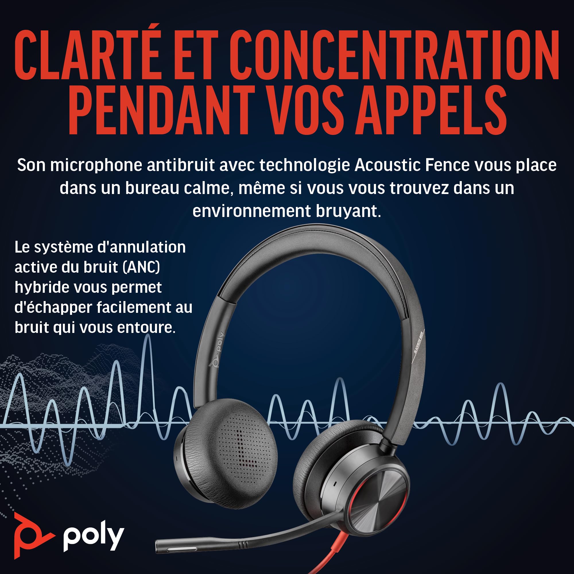 Micro-casque filaire haut de gamme Poly Blackwire 8225 – Annulation active du bruit – Son binaural hi-fi - Connexion à un PC/Mac - Fonctionne avec Teams, Zoom