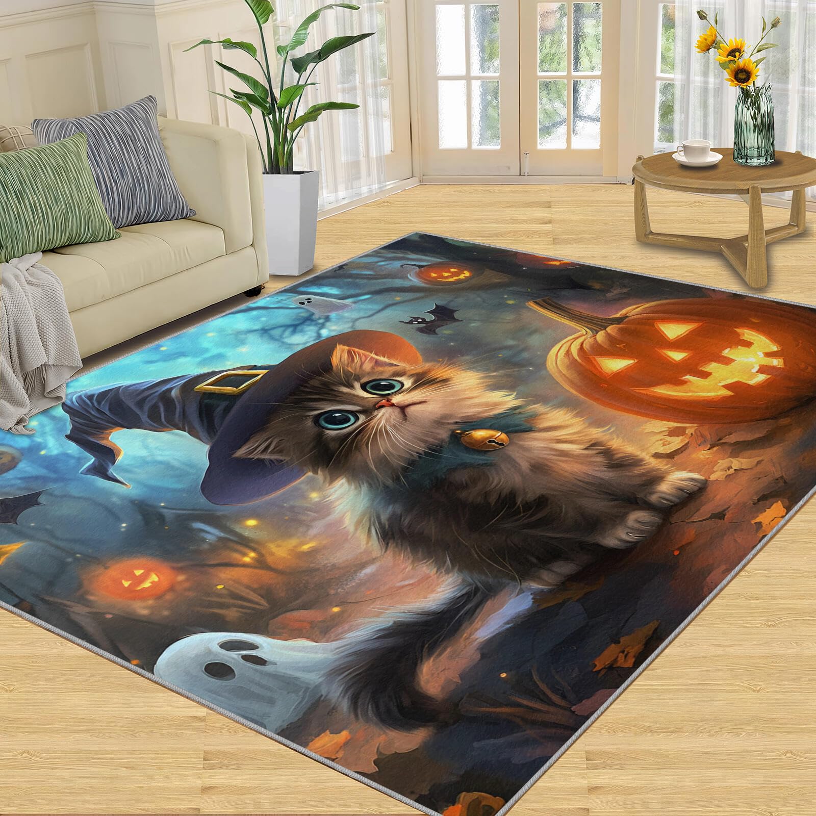 Tapis antidérapants pour chat mignon Halloween motif forêt d'horreur lavable grand salon