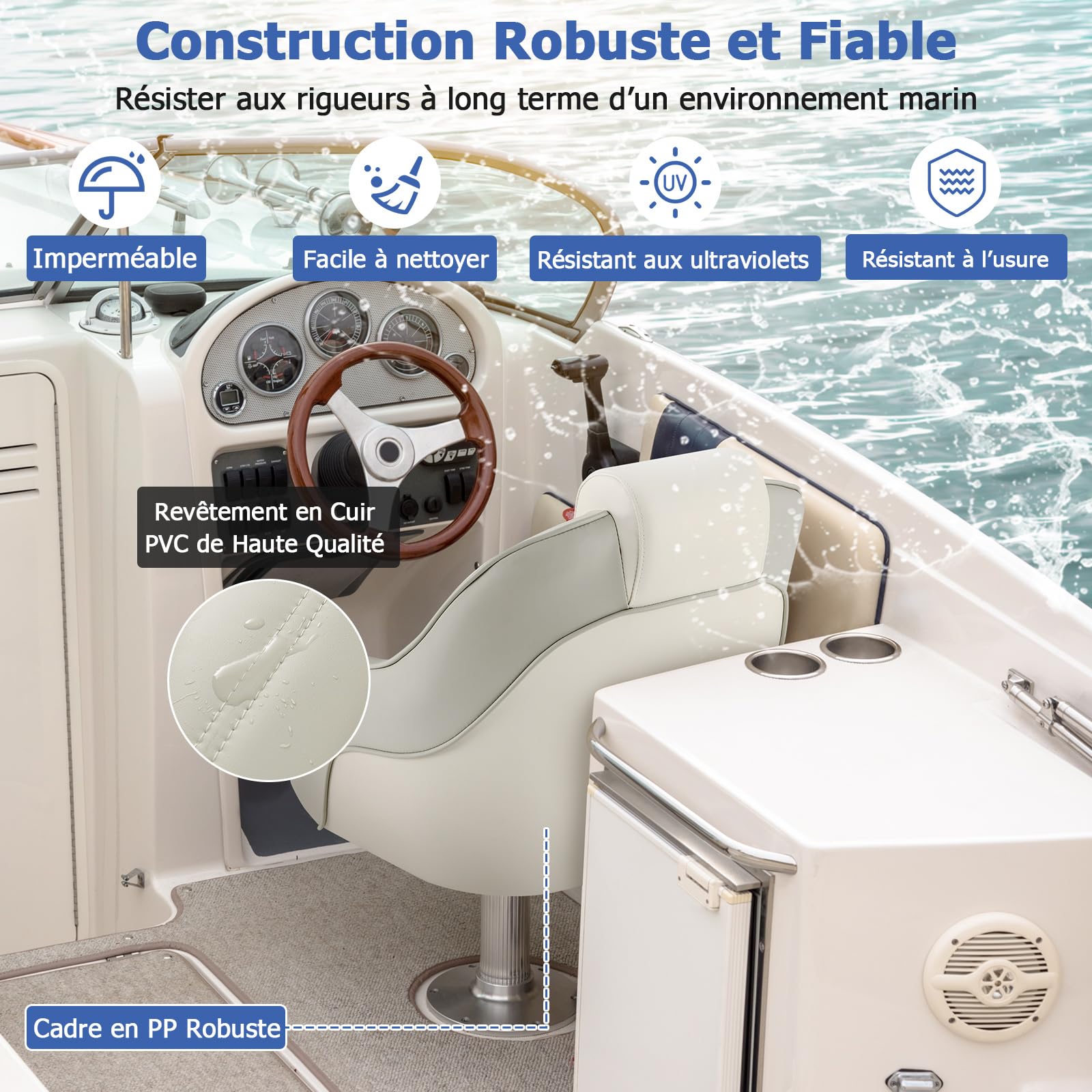 GYMAX Siège Baquet de Capitaine, Siège de Bateau Ponton Imperméable, Housse en Cuir PVC, Coussin en Eponge, Accoudoirs, Dossier, Chaise de Capitaine, pour Bateau de Tourisme, de Pêche, Hors-Bord