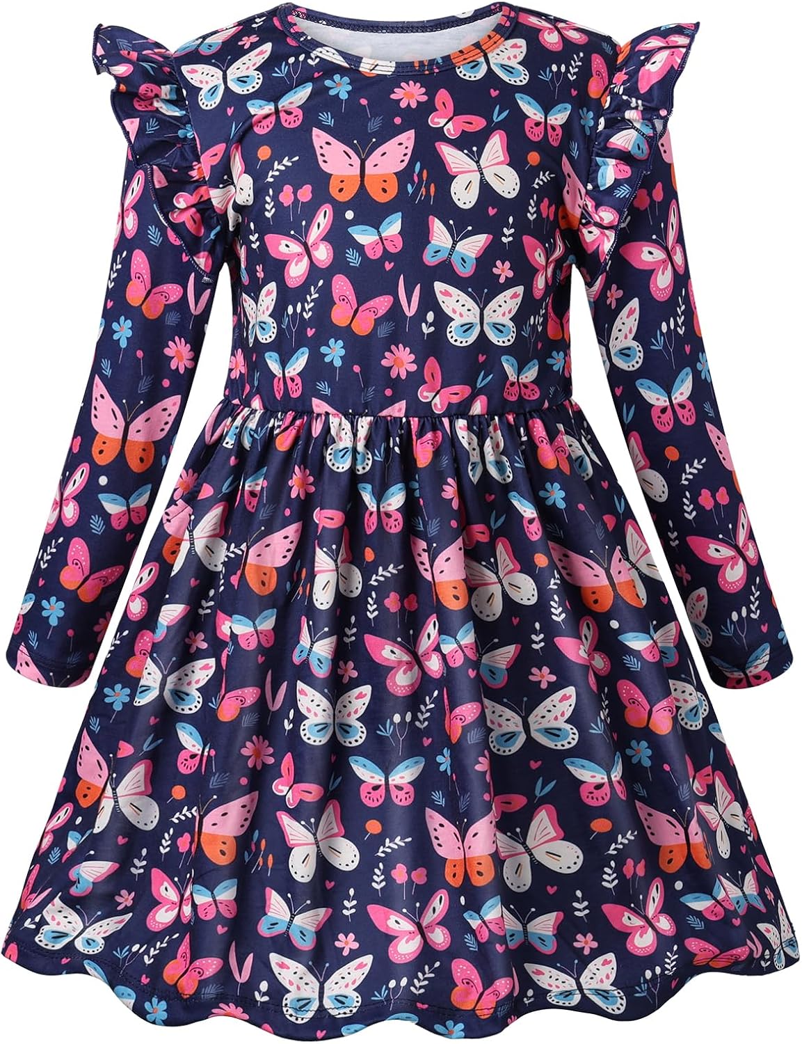 VASCHY Girls Dress, Cute Twirly Stretchy Casual Dress with Pockets Ruffle Sleeve for Toddler/Little/Big Kid Girls Clothing