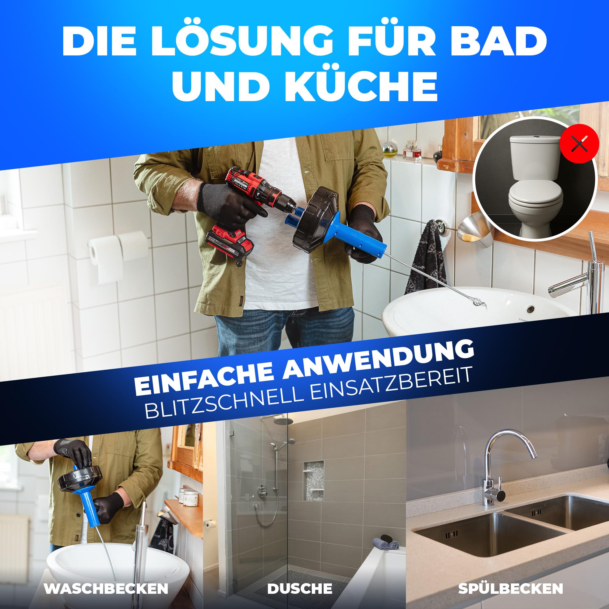 Rohrreinigungsspirale 7,5m [Automatische Drahtzuführung] Abflussspirale mit -Bohraufsatz- Abflussreiniger Spirale Abfluss Rohrreinigung für Waschbecken, Bad, Küche