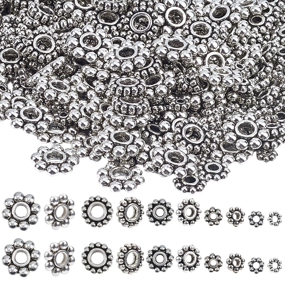 SOFPLATE 1 Box 500pcs Tibetan Silver Spacer Beads Silver Daisy Spacer Beads Small Assorted Metal Snowflake Flowers Bead Bulk for Jewelry Making Earrings Christmas Bracelets Supplies Diy Crafts