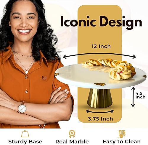 Miniatura 4 de Soporte redondo para tartas, mármol blanco de 12 pulgadas con acento dorado para postres y cupcakes, perfecto para bodas, duchas, aniversarios,