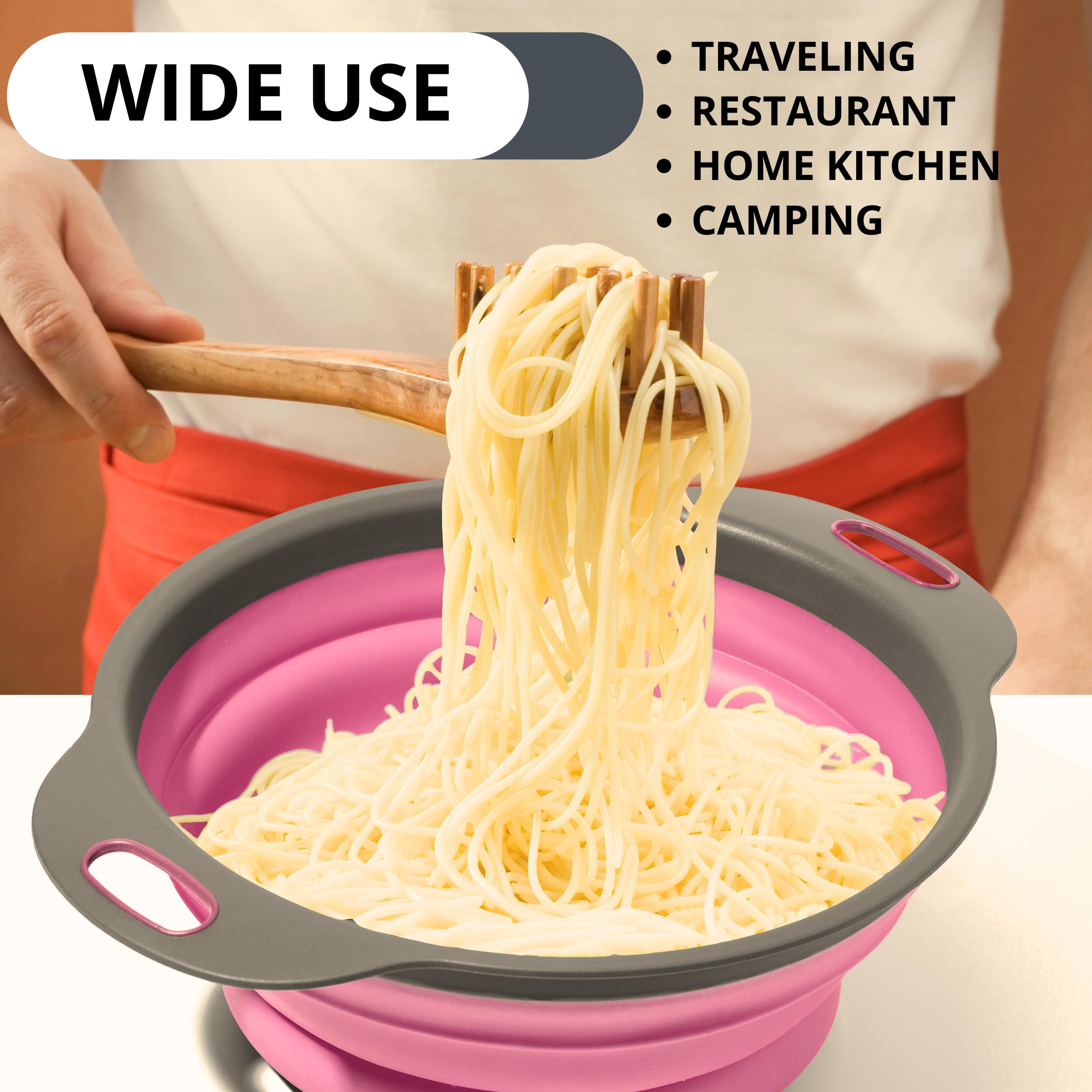 Colador redondo de silicona plegable – Colador de cocina plegable pequeño colador plegable rosa con asas de plástico para drenar verduras y frutas, colador de cocina redondo de silicona para pasta 6