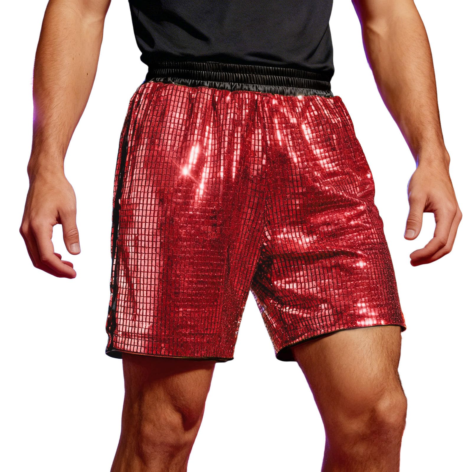 Générique Men's Shiny Glitter Metallic Sequins Retro Disco Style Hippie Style Swimming Shorts Suit for Carnival Parties, Red, XL