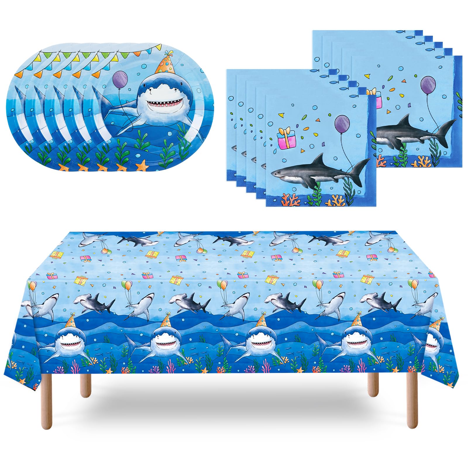 WERNNSAIShark Birthday Party Decorations - 33 PCS Shark Plates Napkins and Tablecloth Under The Sea Birthday Decorations for Kids Boys Summer Pool Ocean Theme Party Favors Serve 16 Guests