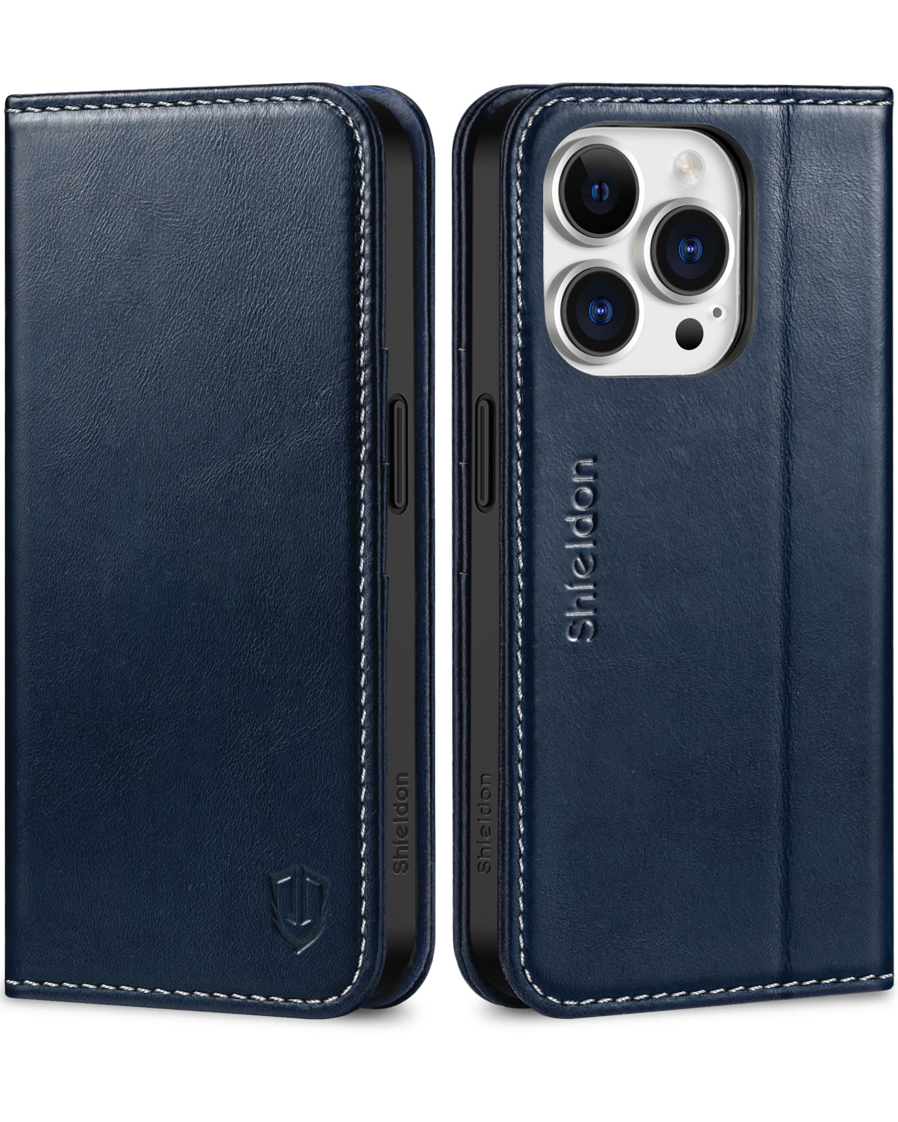 SHIELDON Case for iPhone 15 Pro 5G, Genuine Leather Wallet Case Magnetic Cover RFID Blocking Card Holder Kickstand Drop Protection Phone Case Compatible with iPhone 15 Pro 6.1" 2023 - Retro Dark Blue