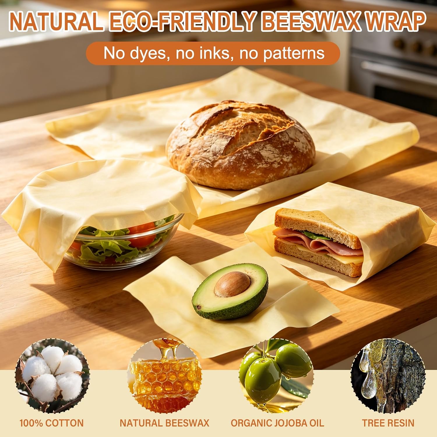 Unprinted Beeswax Wraps – Undyed, Unbleached, Reusable Food Wraps for Bread, Sandwich, Cheese & Bowls – Zero Waste Alternative to Plastic Wrap – Natural Cotton, 3 Sizes & XL (6-Piece Set (2S,2M,2L)) image 3