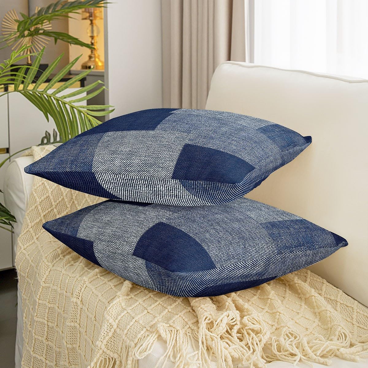 Federa per cuscino decorativo geometrico in velluto blu, cuscino lombare contemporaneo (20x12) - Italia