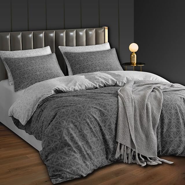 Pamposh Double Duvet Set Charcoal & Grey Doublesided Bedding Set 3 PCS With Pillowcases Ultra Soft Anti Allergic Non Iron Luxury Microfiber (Double (200 x 200 cm), Charcoal / Grey)