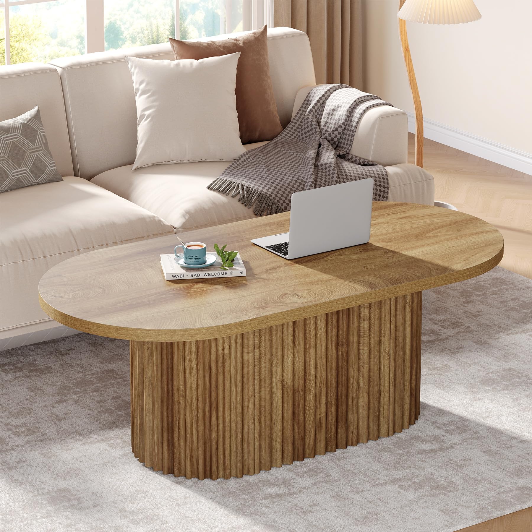 Tribesigns Mesa de Centro Oval, 120 x 60 x 45 cm, Mesa de Salón de Madera, Mesa de Café de Estilo Industrial para Salón, Oficina, Marrón Rústico | Mesa de café, 120 x 60 x 45 cm, mesa de salón, oficina, comedor