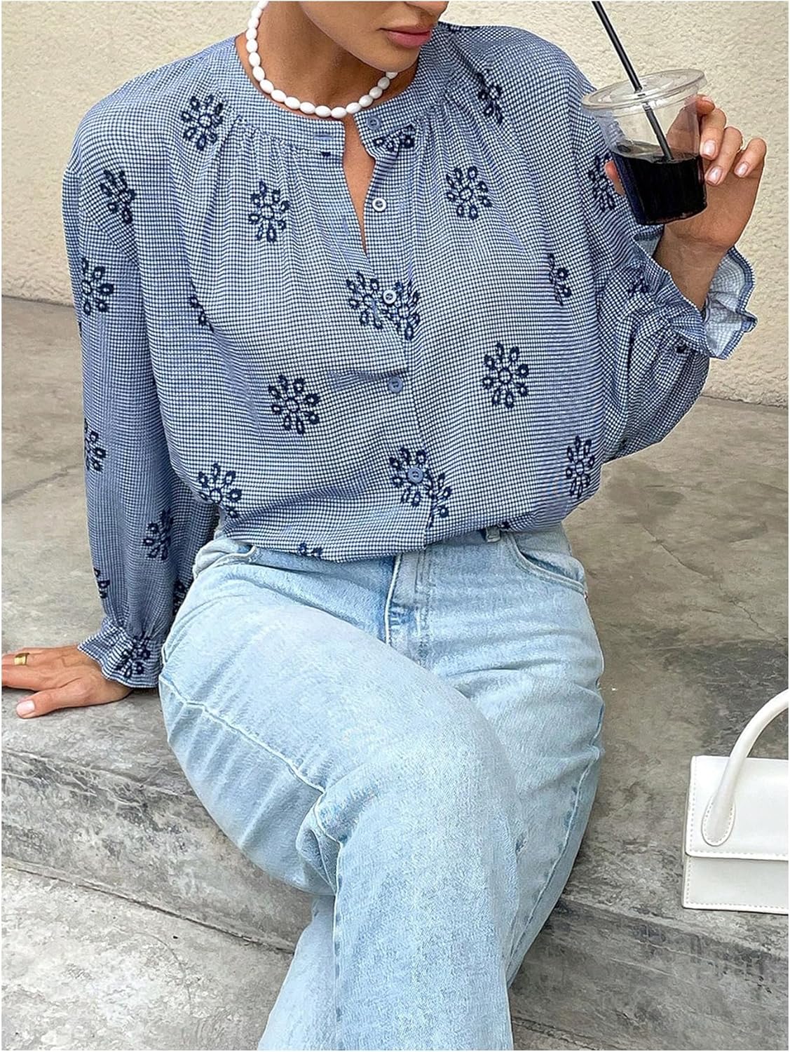 GORGLITTER Women's Boho Peasant Tops Gingham Floral Embroidered Flounce Long Sleeve Button Up Shirt Casual Blouses - Image 3