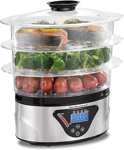 Hamilton Beach Vaporizador digital de alimentos para una cocción rápida y saludable con cuencos apilables de tres niveles para verduras y mariscos,