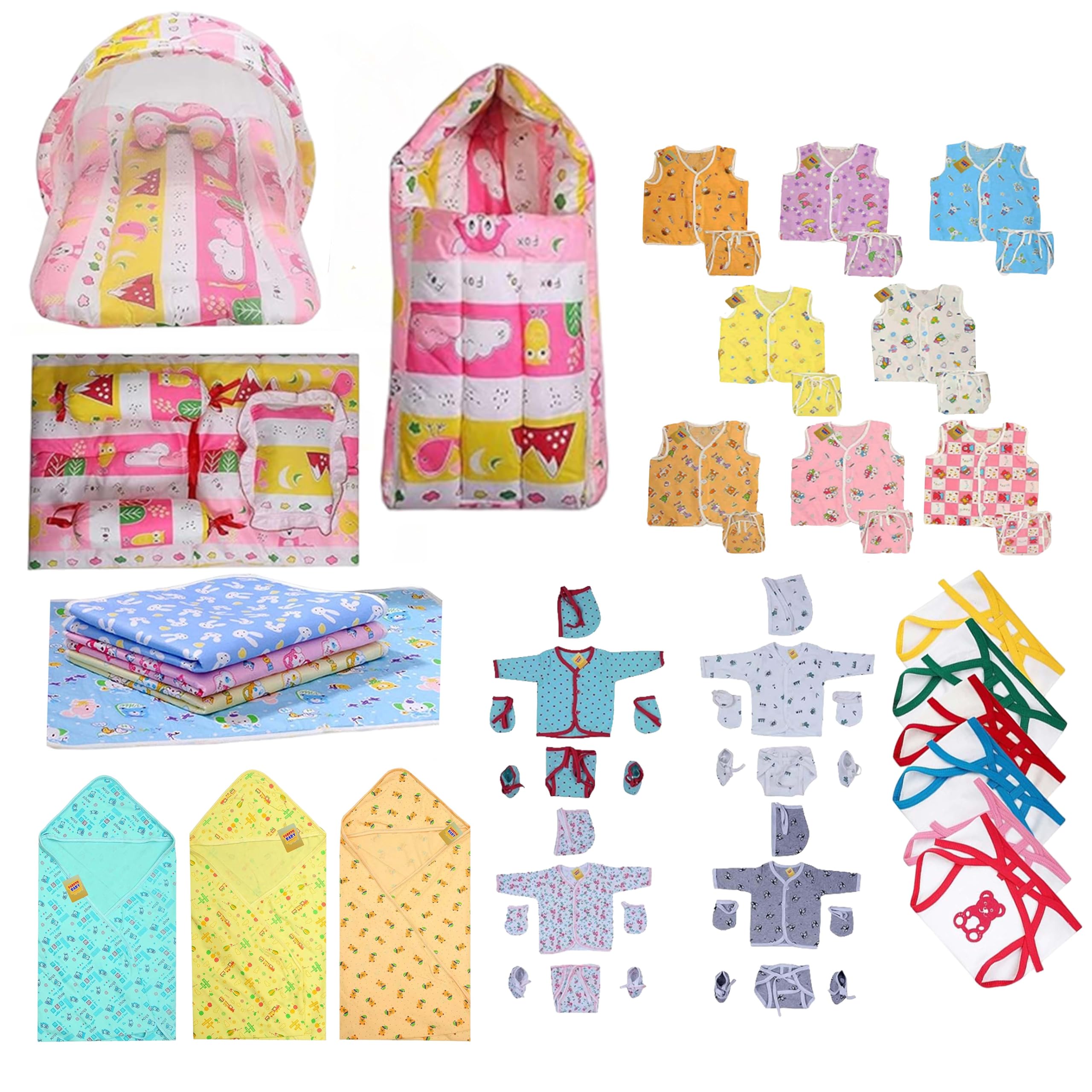 Infantbond 56 in 1 New Born Baby Essentials | Gift for Baby | Hospital Essentials | New Born Combo (0-6 Months) (Pink Fox)
