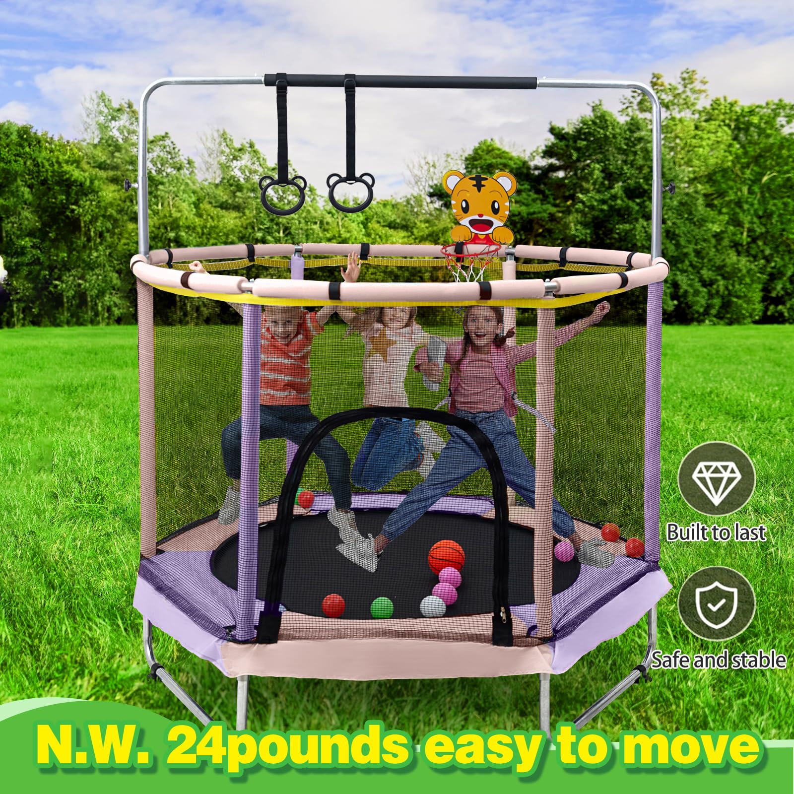 Trampolín para niños, 5 pies ajustable para niños pequeños, trampolín de bebé para interiores y exteriores con red de cierre, diseño seguro sin huecos, regalos para niños y niñas