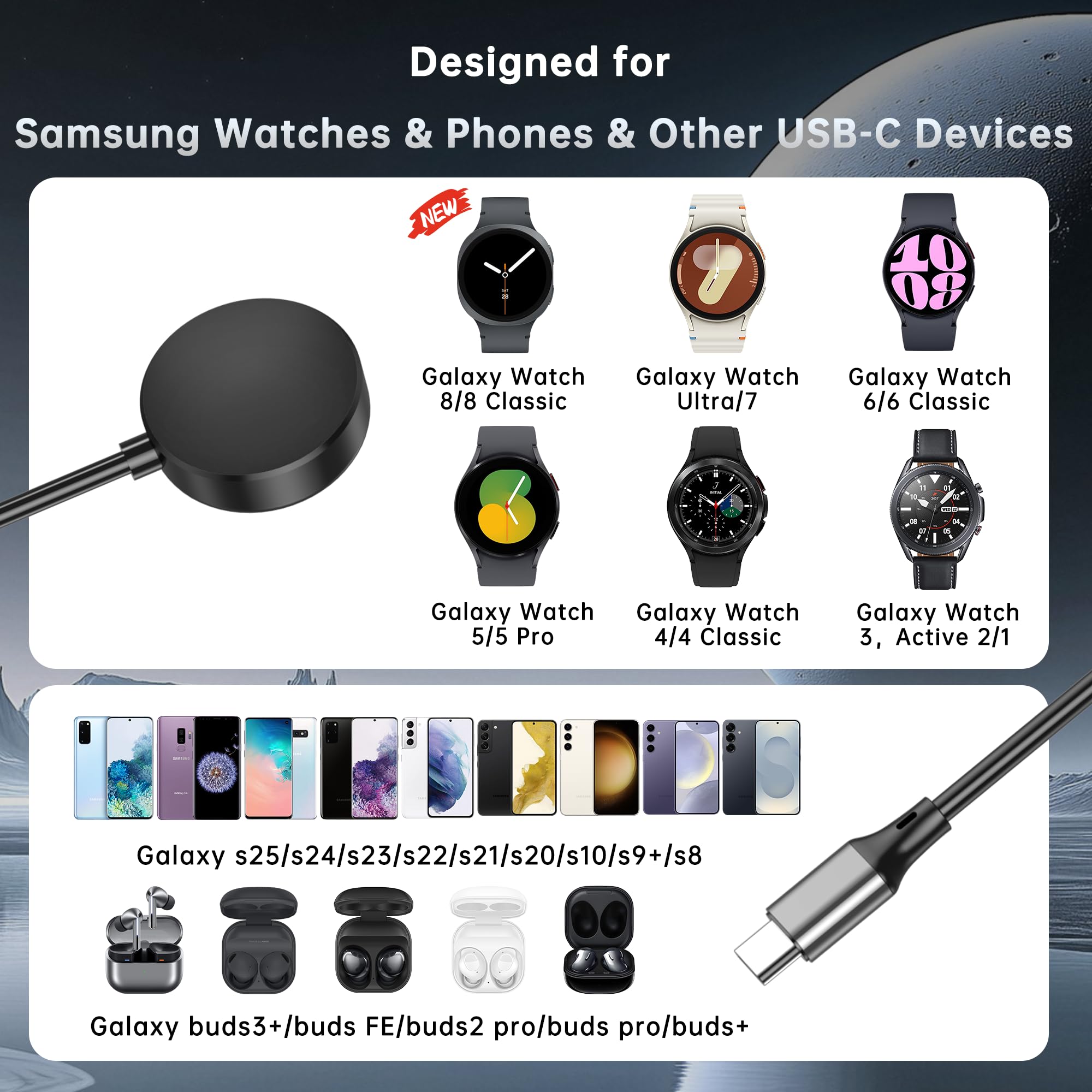 Caricatore Galaxy Watch 2 in 1, 25 W USB-C, compatibile con Galaxy Watch 8/7/Ultra/6/6 Classic/5 Pro/5/4/4 classic/3/Active2/1, per Galaxy S25 Ultra/S24/S23/S22/S21 e Buds