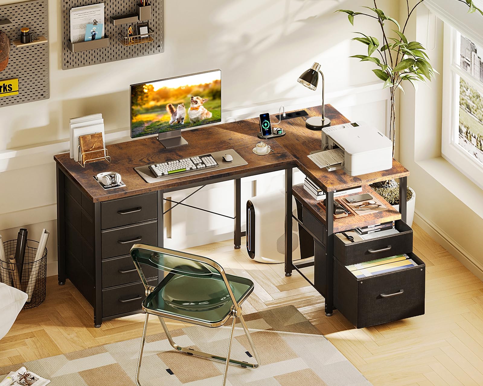 Coleshome Bureau d'angle avec Tiroirs en Tissu, 140x80cm Réversible Bureau en L avec Tiroir Classeur, Bureaux Ordinateur avec Port de Chargement USB et Prise de Courant, Bureaux à Domicile, Marron