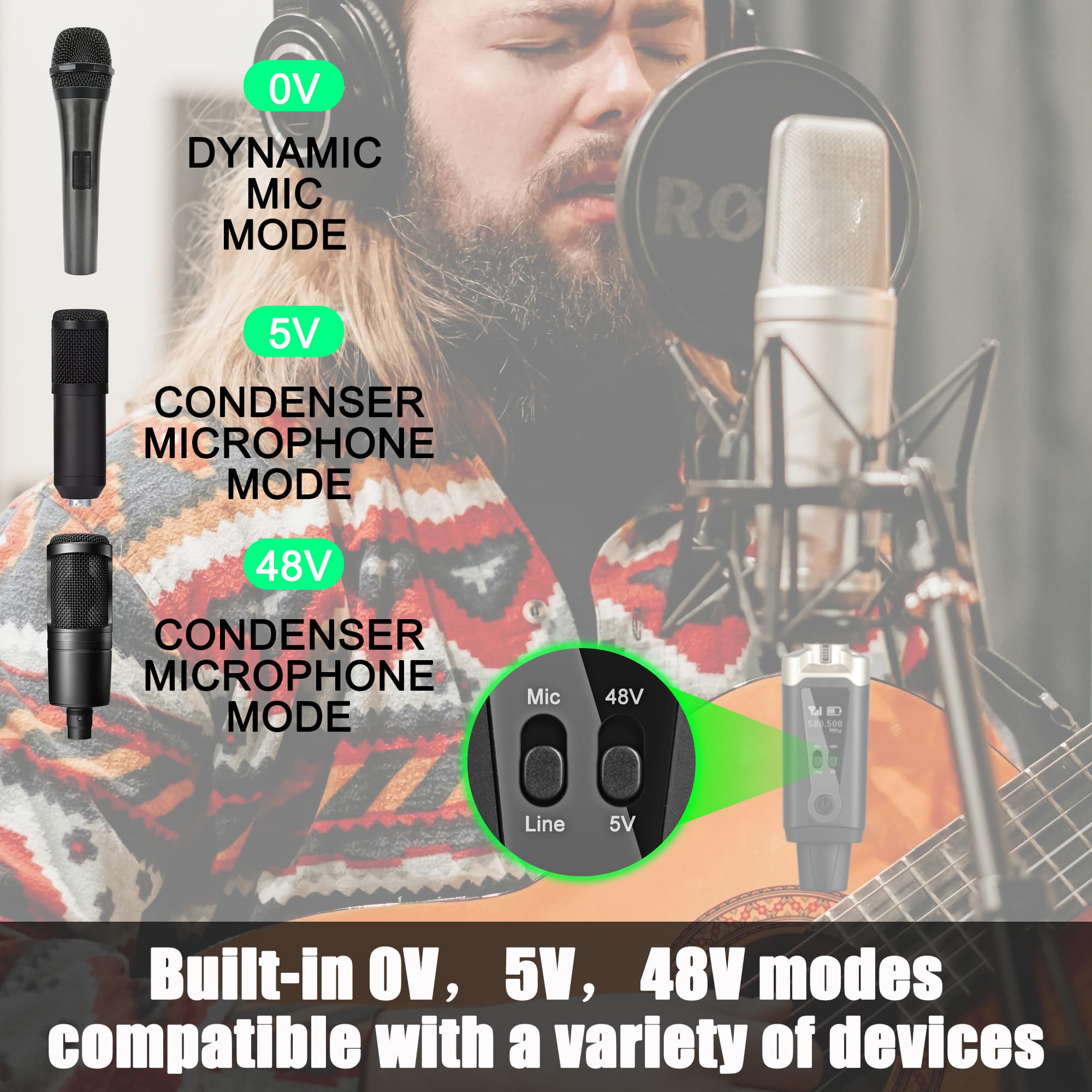 UHF Kabelloser XLR-Sender und Empfänger mit 48 V Phantomspeisung, wiederaufladbarer Mikrofon-Adapter, 16 Kanäle, 59,7 m Reichweite für dynamisches/Kondensatormikrofon, Audio-Mixer, E-Gitarre/Bass