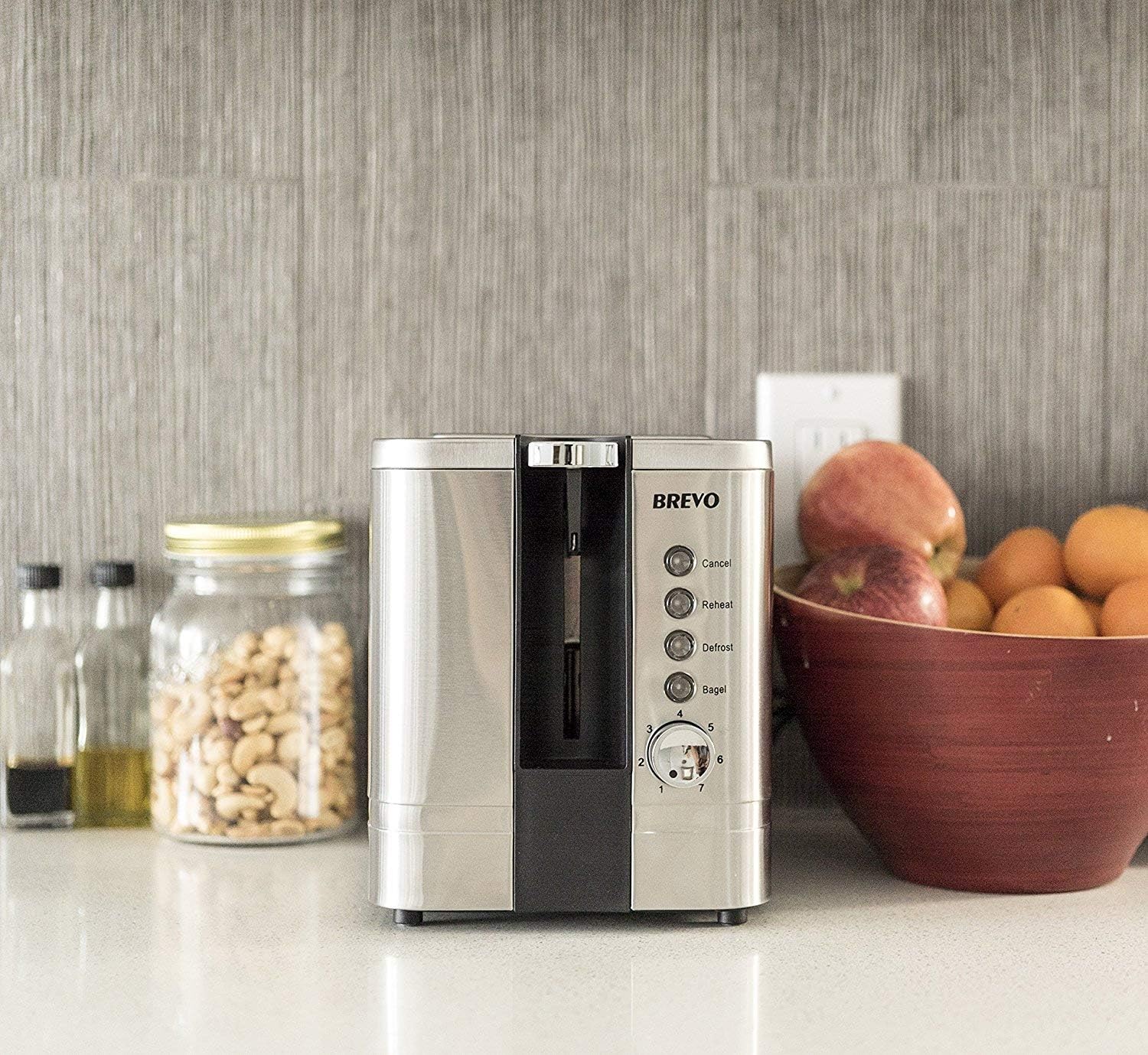 BREVO 2-Slice Extra Wide Slot Toaster for Bagel Breakfast with Reheat Defrost 7-Shade Control Brushed Stainless Steel
