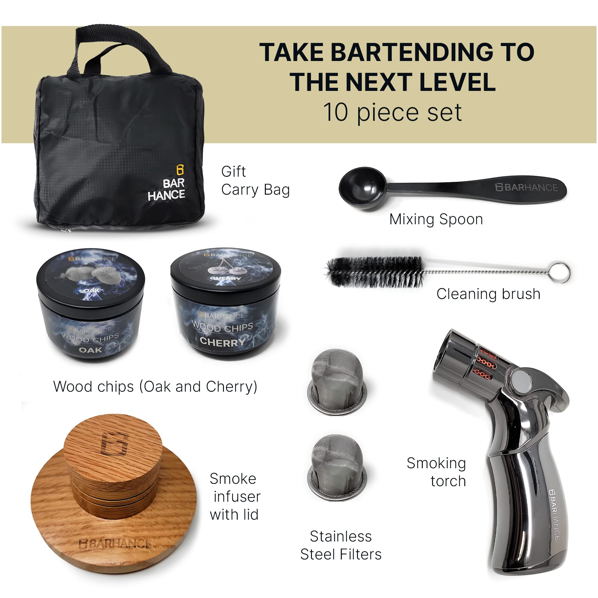 Kit de ahumador de cóctel – Kit de ahumador de whisky con bolsa de transporte – Kit de ahumador de estilo antiguo – Kit de ahumador de bourbon con antorcha con virutas de madera y herramientas – Kit 4
