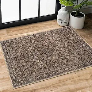 2x3 Rust Washable Rug Soft Area Rug for Entryway, Non-Slip Indoor Door Mat Distressed Floral Low-Pile Kitchen Rugs, Neutral Vintage Carpet for Entrance Kitchen Bedside Farmhouse