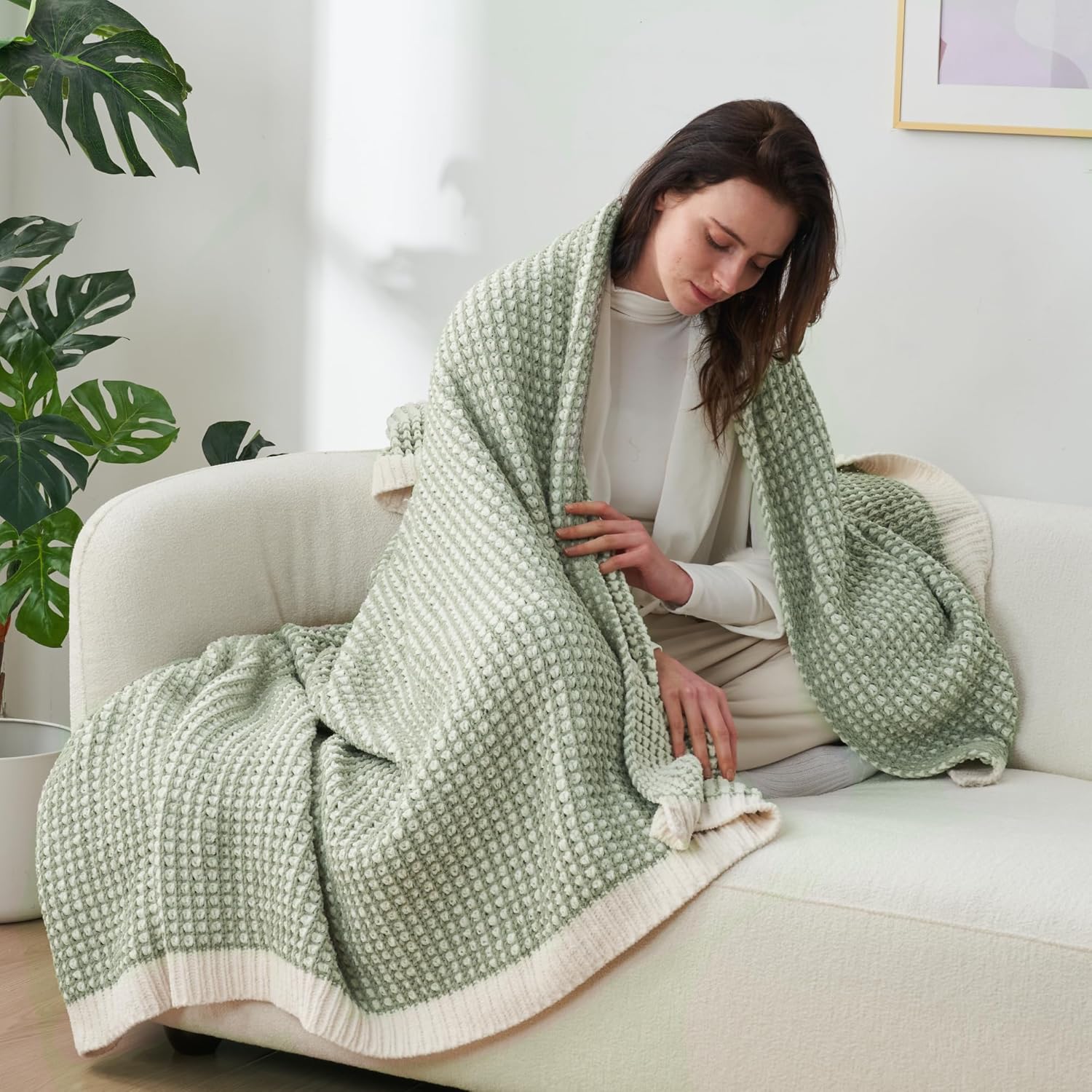 Amélie Home Waffle Chenille Throw Blanket for Couch, Pineapple Stitch Knit Soft Cozy Knit Blanket Decorative Throw for Sofa, Chair, 50"x60", Sage Green&Ivory - Image 3
