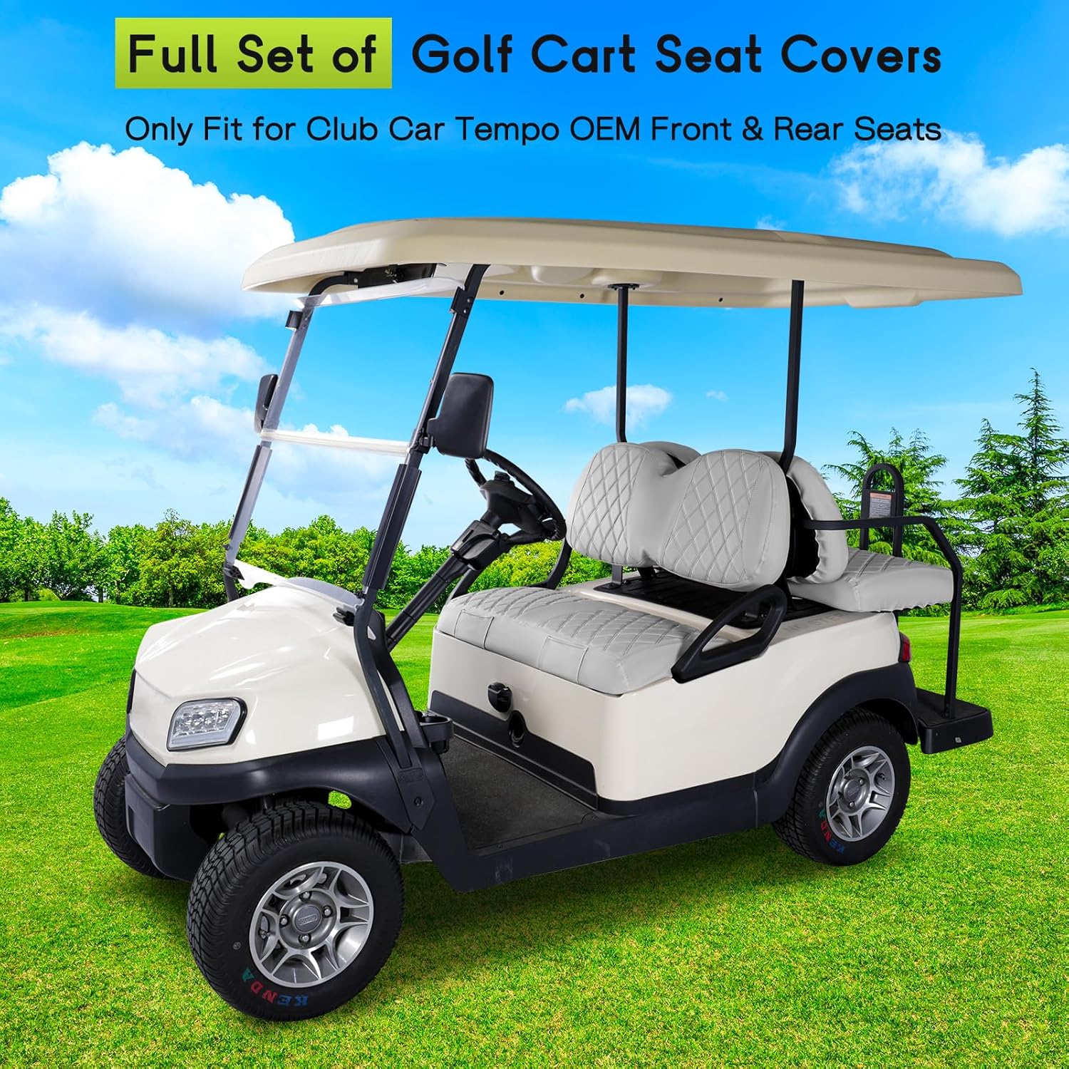 Golf Cart Seat Cover Front and Rear Set of 2 Fit for Club Car Tempo OEM Ordinary Seats No Nails Required Easy to Install & Clean Gray Vinyl Leather Seat Cushion Covers