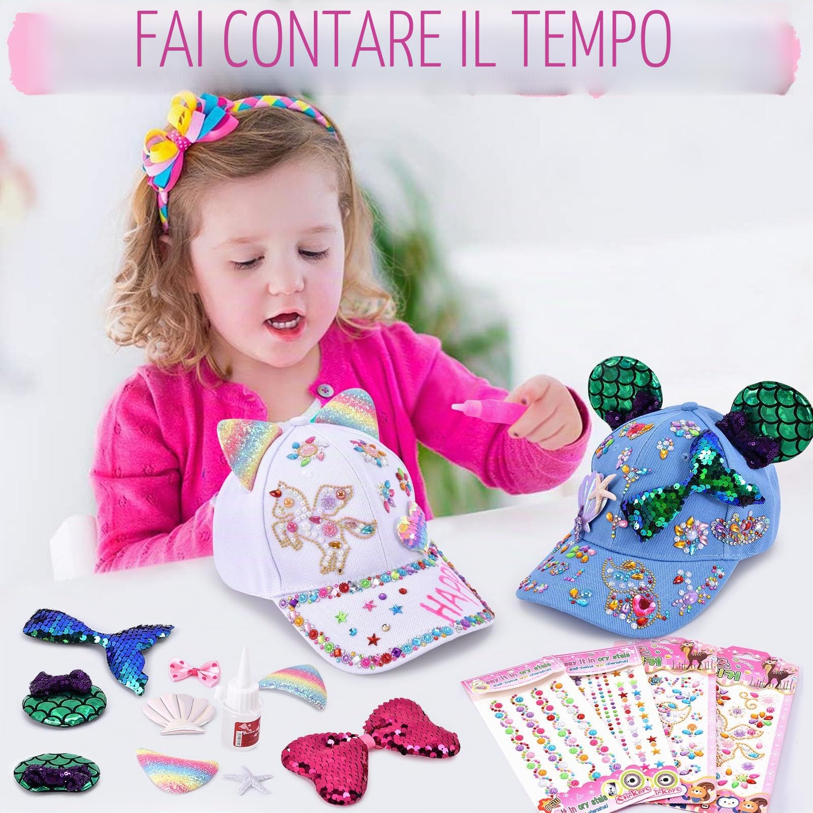 vamei Regalo per Ragazza 4 5 6 7 8 9 10 11 Anni Fai Da Te Cappellino da Baseball DIY Berretto con Adesivi per Unicorno Strass Decora Cappellino da Baseball Regali di Compleanno Ragazza