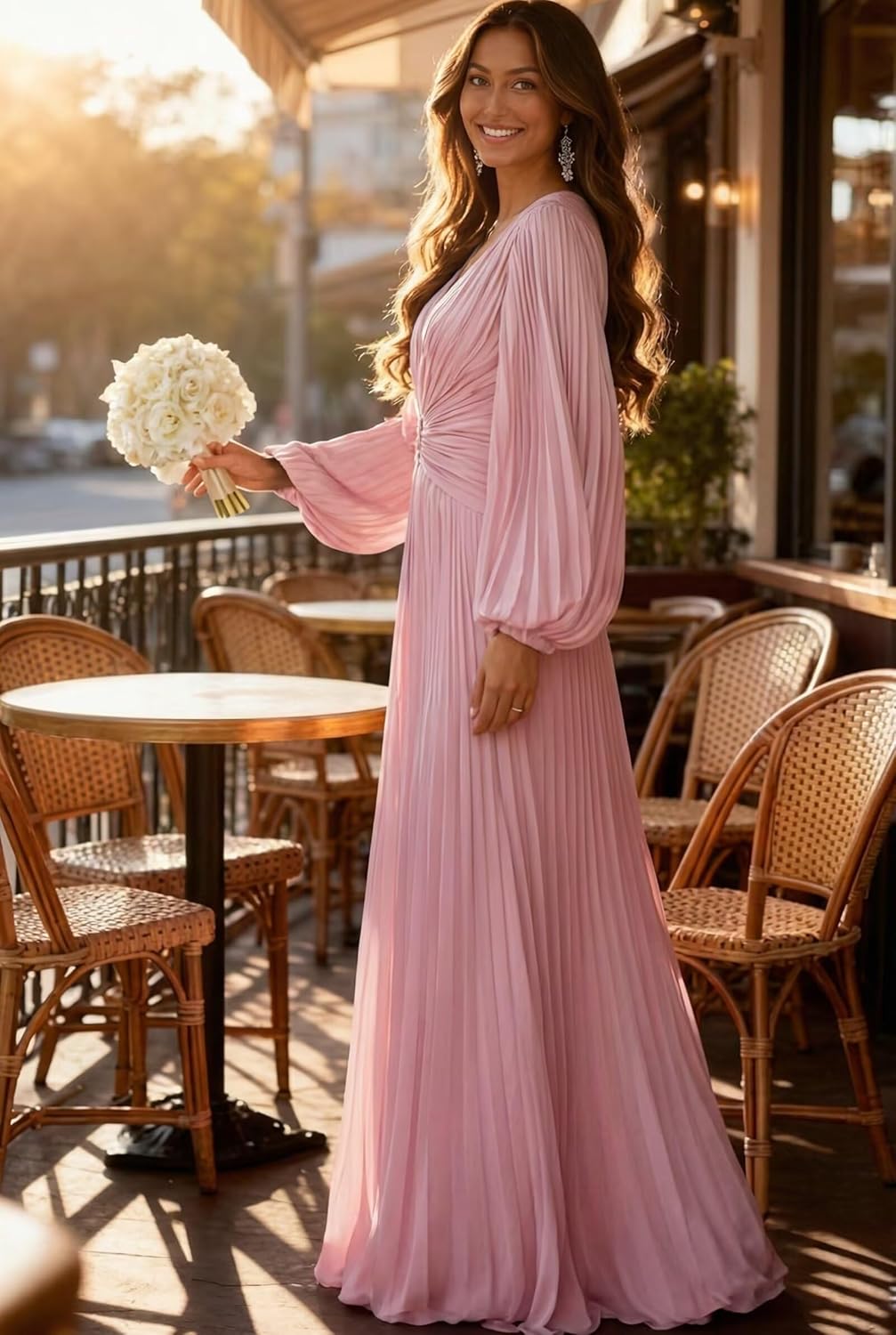 Long Sleeve Bridesmaid Dresses with Pleated Chiffon V Neck Formal Dress Long Ball Gown