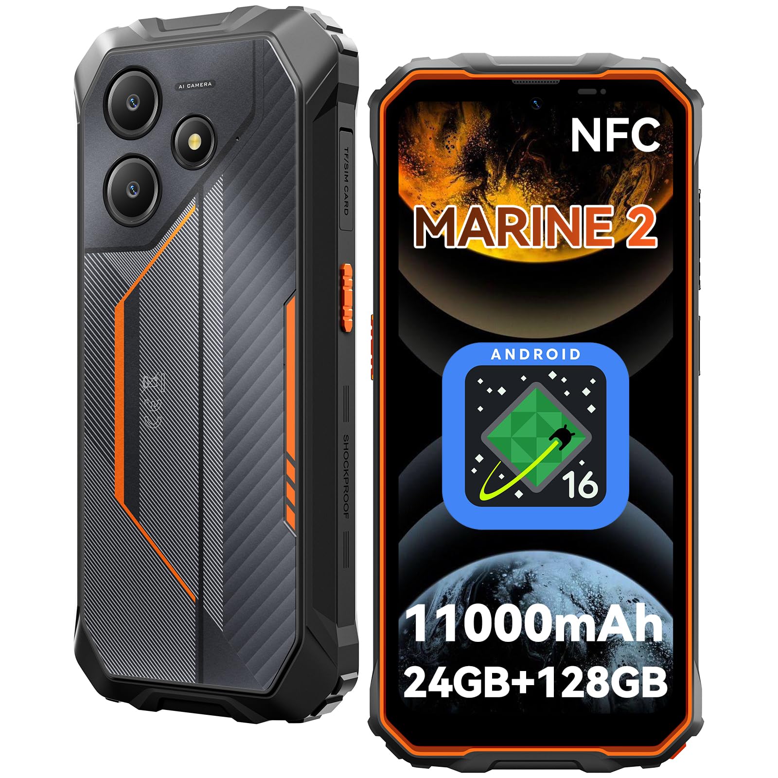 Rugged Smartphone 11000mAh, 24(8+16)GB+128GB/2TB Telefono Indistruttibile | Android 16 Smartphone Rugged, Display 6,56" HD+ 90Hz, IP68/IP69K/MIL-STD-810H, Dual SIM/NFC/Face ID/OTG/GPS, 3 Anni Garanzia