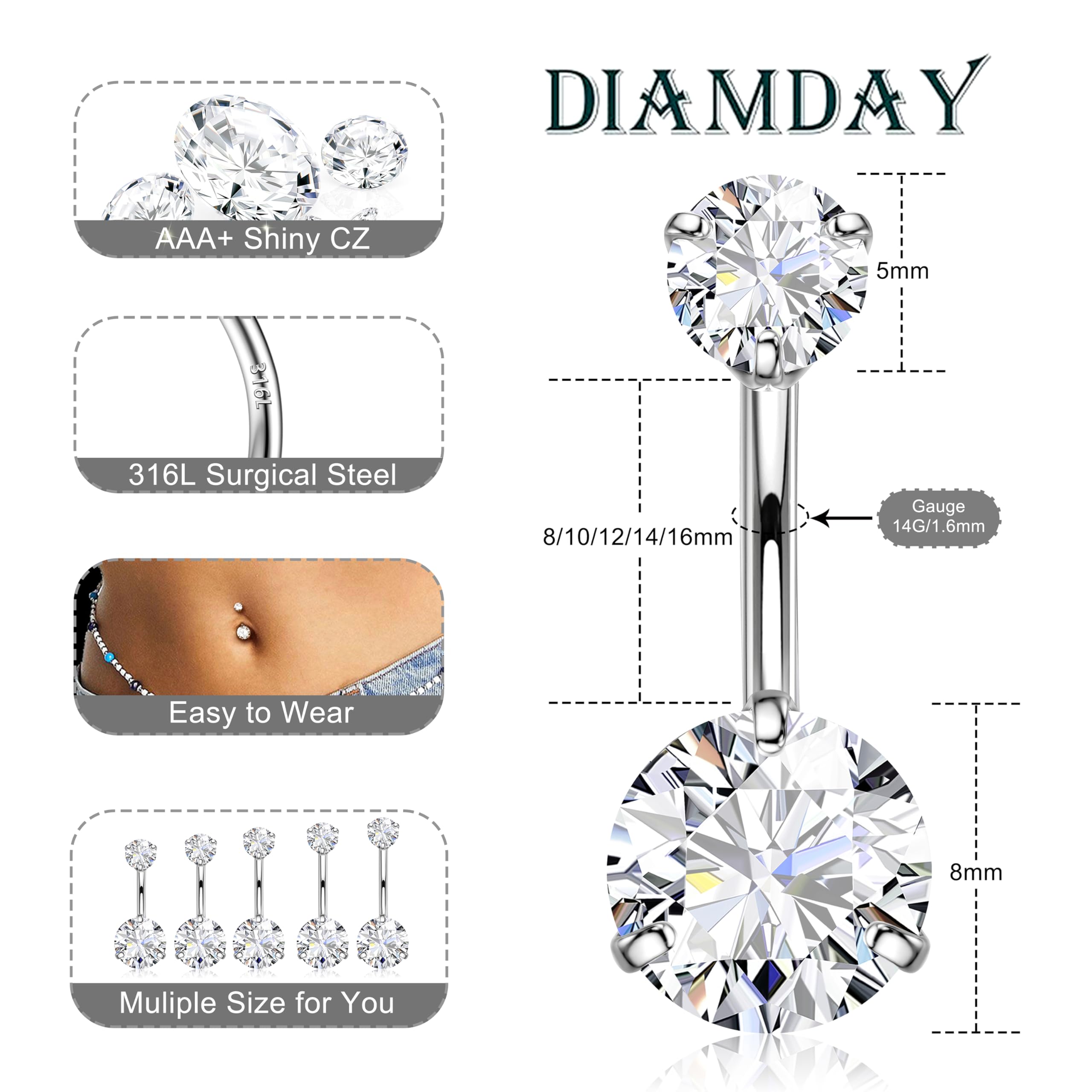 Piercing Ombligo 316L Acero Quirúrgico 14G CZ Anillos Barretta Banana Vientre Joyería para Mujeres Hombres 8-16mm