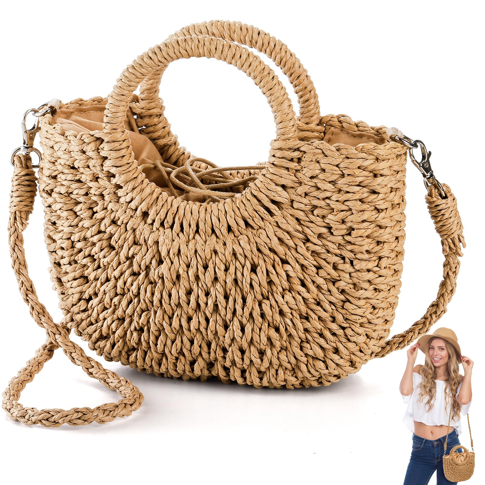 Noamus Women Straw Handbag, Mini Summer Beach Rattan Tote Bag, Woven Semi-circle Clutch Bag Handmade Purse, Small Crossbody Crochet Handbag with Top Handle for Travel Vacation