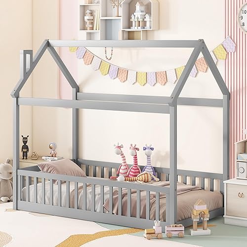 Miniatura 3 de CITYLIGHT Base de cama de suelo de tamaño individual para niños, cama Montessori de madera con rieles y listones en forma de valla, cama individual