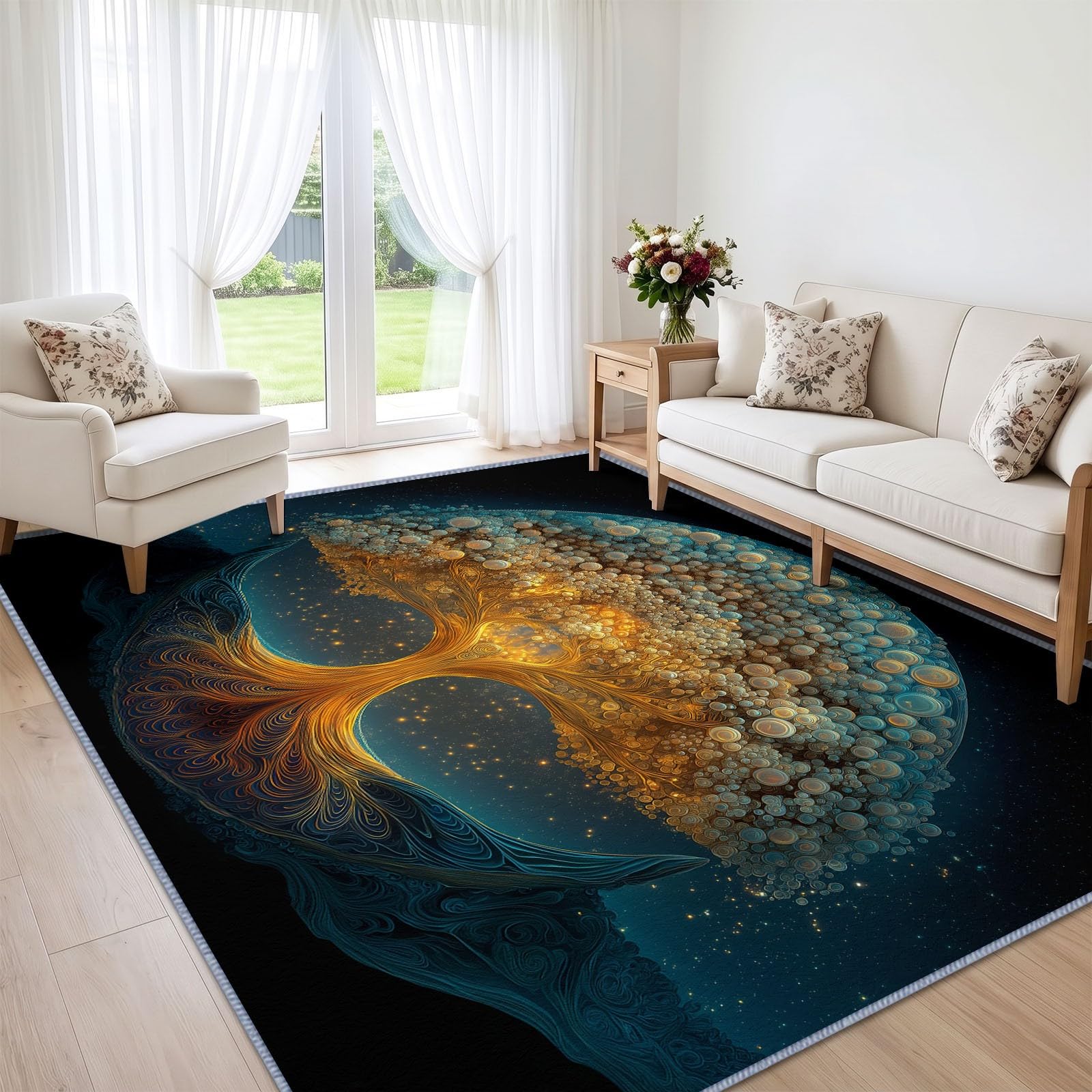 Alfombra de salón, 160 x 230 cm, diseño de árbol de la vida brillante, alfombra de dormitorio, suave y antideslizante, de arte fantástico, lavable a máquina, felpudo, para salón, cocina, pasillo y