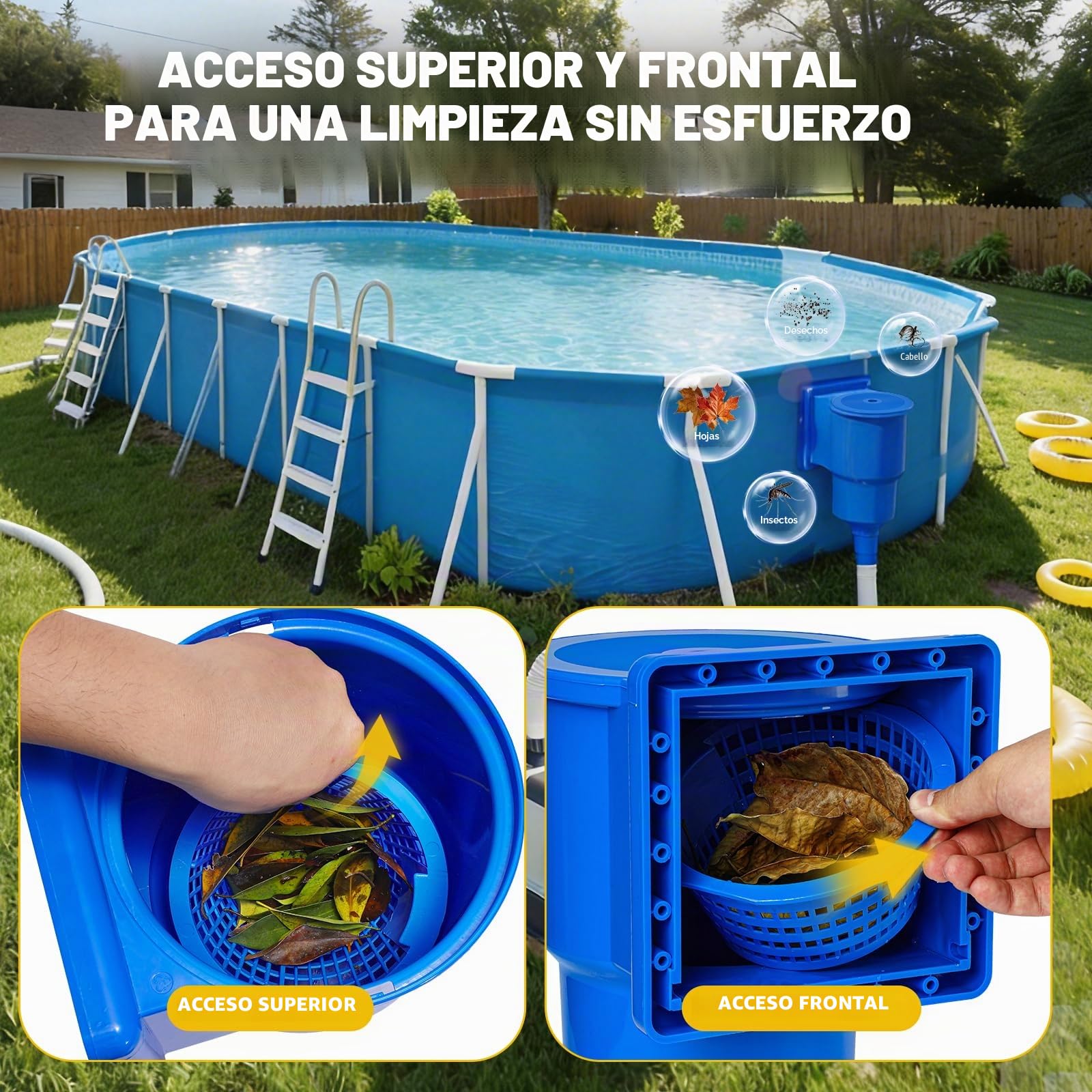 Orealla Kit Skimmer Recolector de Espuma para Piscina – con Gran Cesta, Boca de Entrada y Válvula de Retorno – ABS Azul Resistente para Piscinas Enterradas/Elevadas