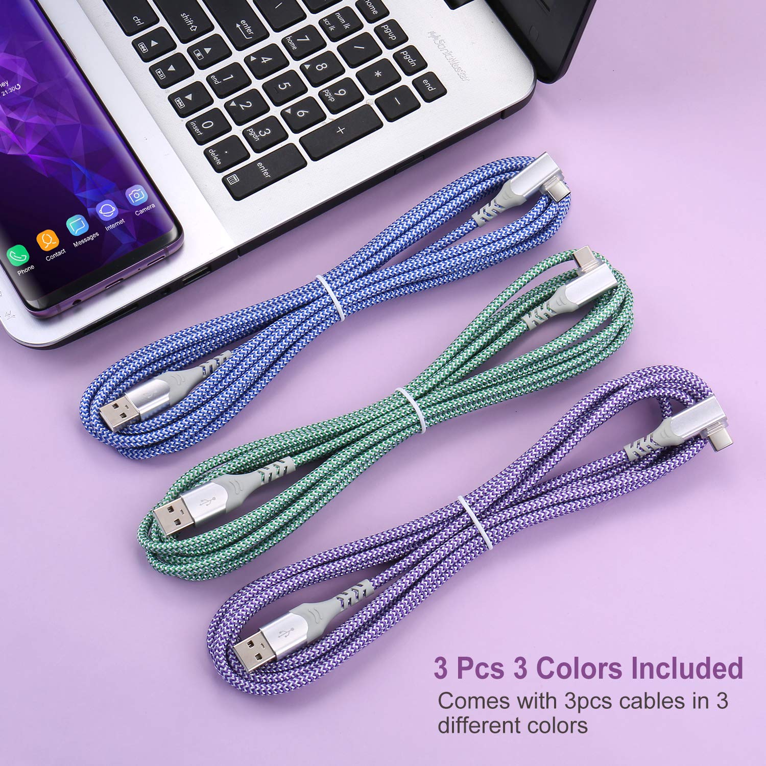 Cavo USB C a USB C da 3 m, tipo C a tipo C, Pofesun 3 Pack USB C Cavo di Ricarica Rapida ad Angolo Retto Compatibile per Samsung Galaxy S20 S10 S9 S8 Plus Note 9 8, LG G8 G7 V40 V20, Verde, Viola