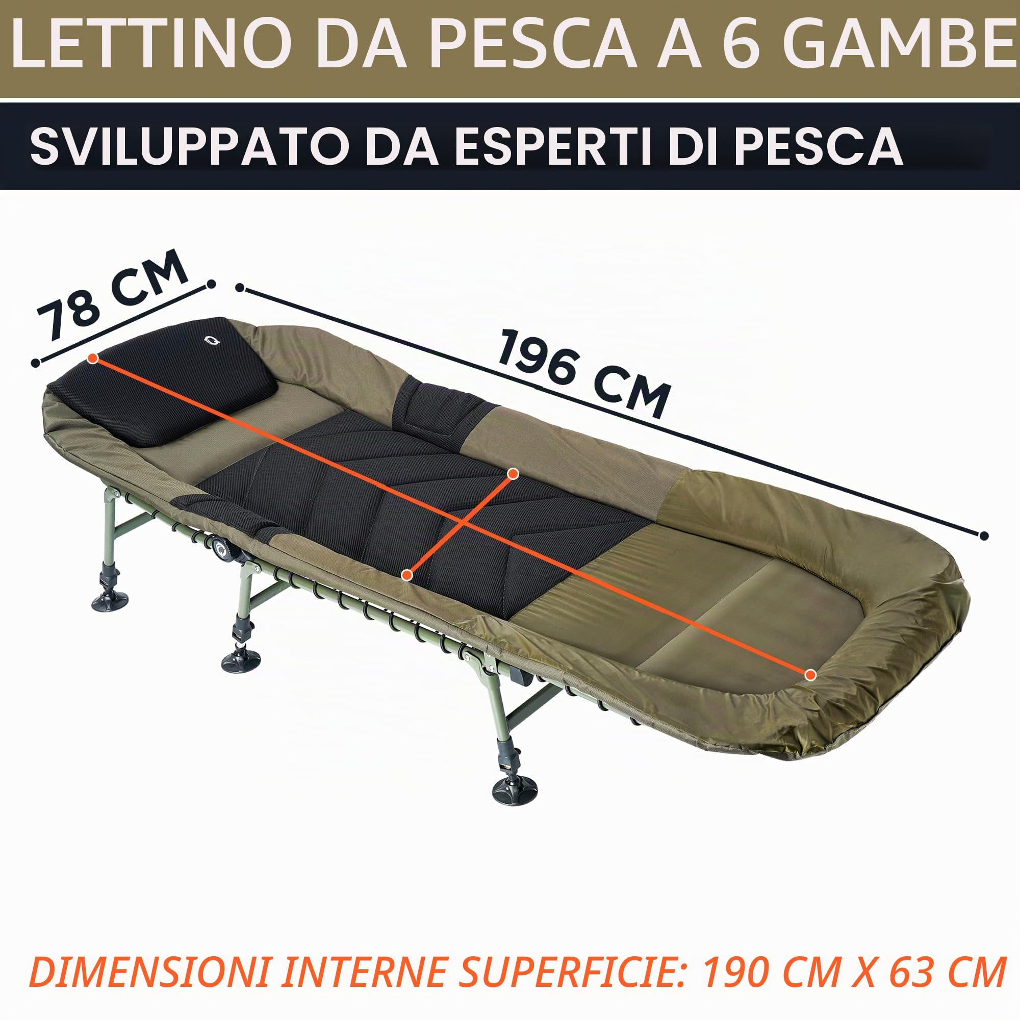 Lettino da pesca a 6 gambe di alta qualità, per professionisti, da campeggio, da campo, colore: verde/nero