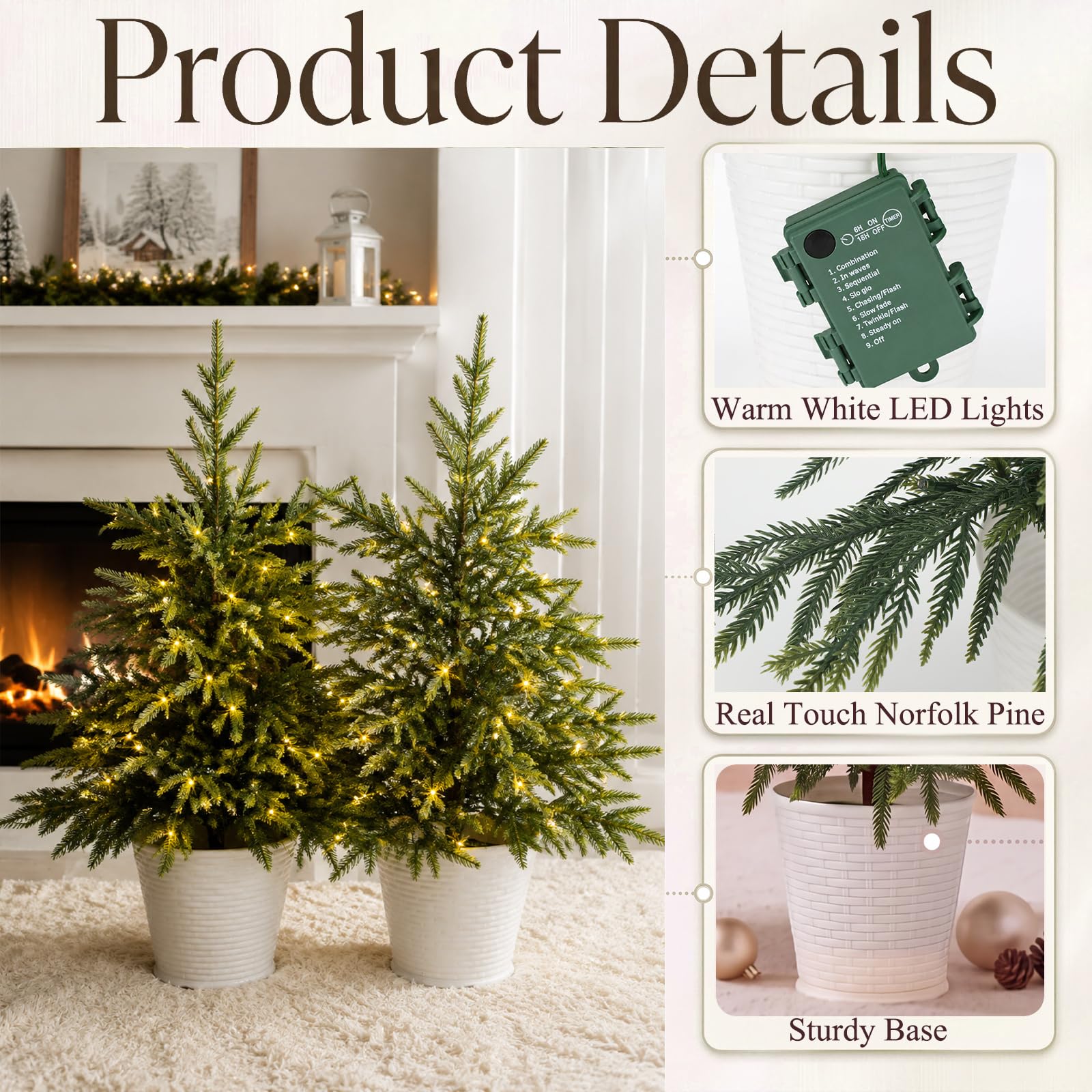 Cinnvoice Norfolk Lot de 2 sapins de Noël artificiels de 0,6 m avec lumières LED sur la table - Sapins de Noël pré-éclairés à piles pour intérieur ou extérieur - Décoration de vacances