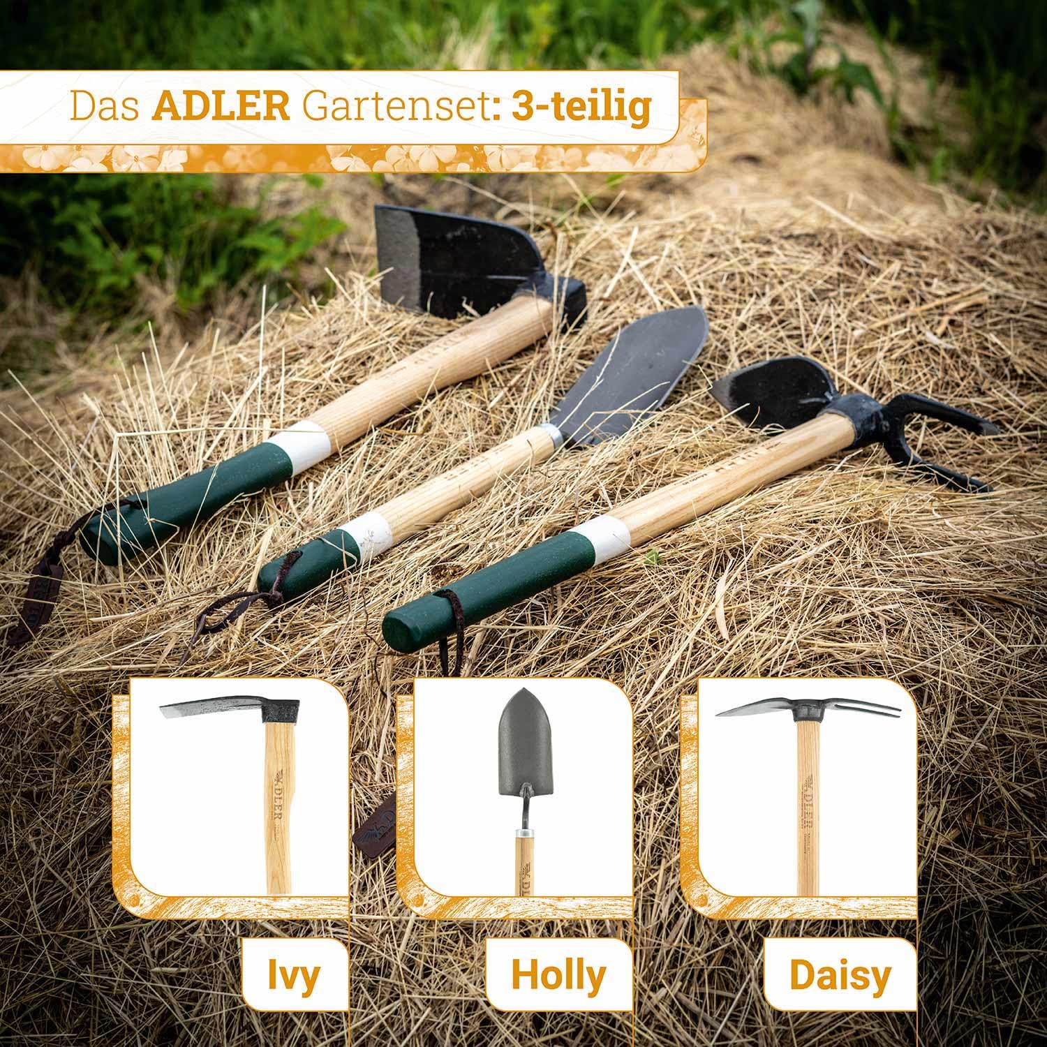 ADLER Set da giardino 3 pezzi – zappa forgiata Ivy & Cazzuola Holly – 45 cm manico in legno di frassino, certificato FSC® – Made in Germany (Daisy – 2 denti con foglia di cuore – rosa/bianco)